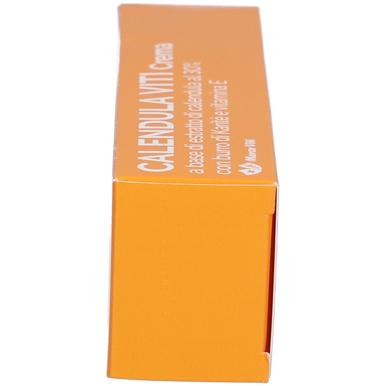 Scatola arancione. CALENDULA VITI Crema con burro di Karité e vitamina E. Vista laterale.