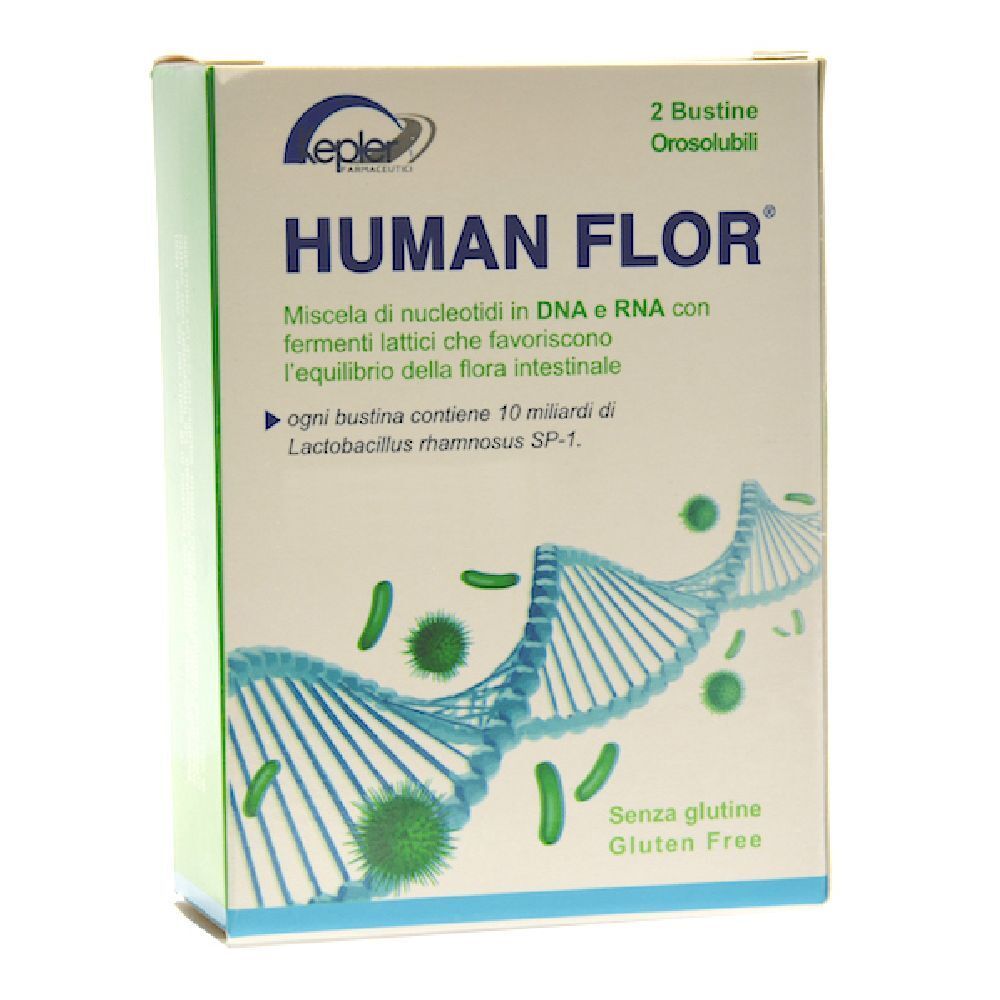 Confezione Humanflor. Scatola bianca con elementi verdi e blu. Contiene 2 bustine. "Humanflor" in alto.