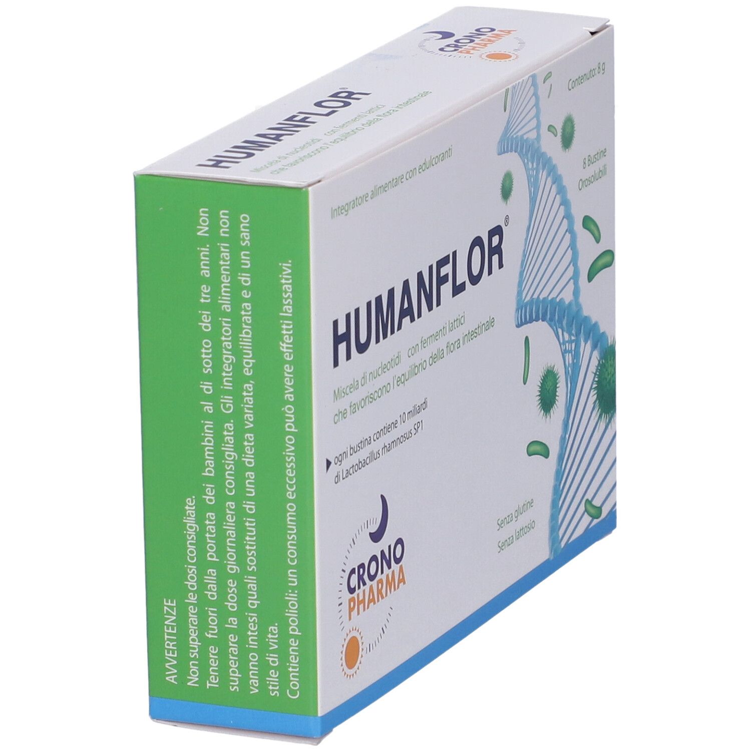 Confezione Humanflor. Scatola bianca con elementi blu e verdi. Contiene 8 bustine. Marchio: Crono Pharma.