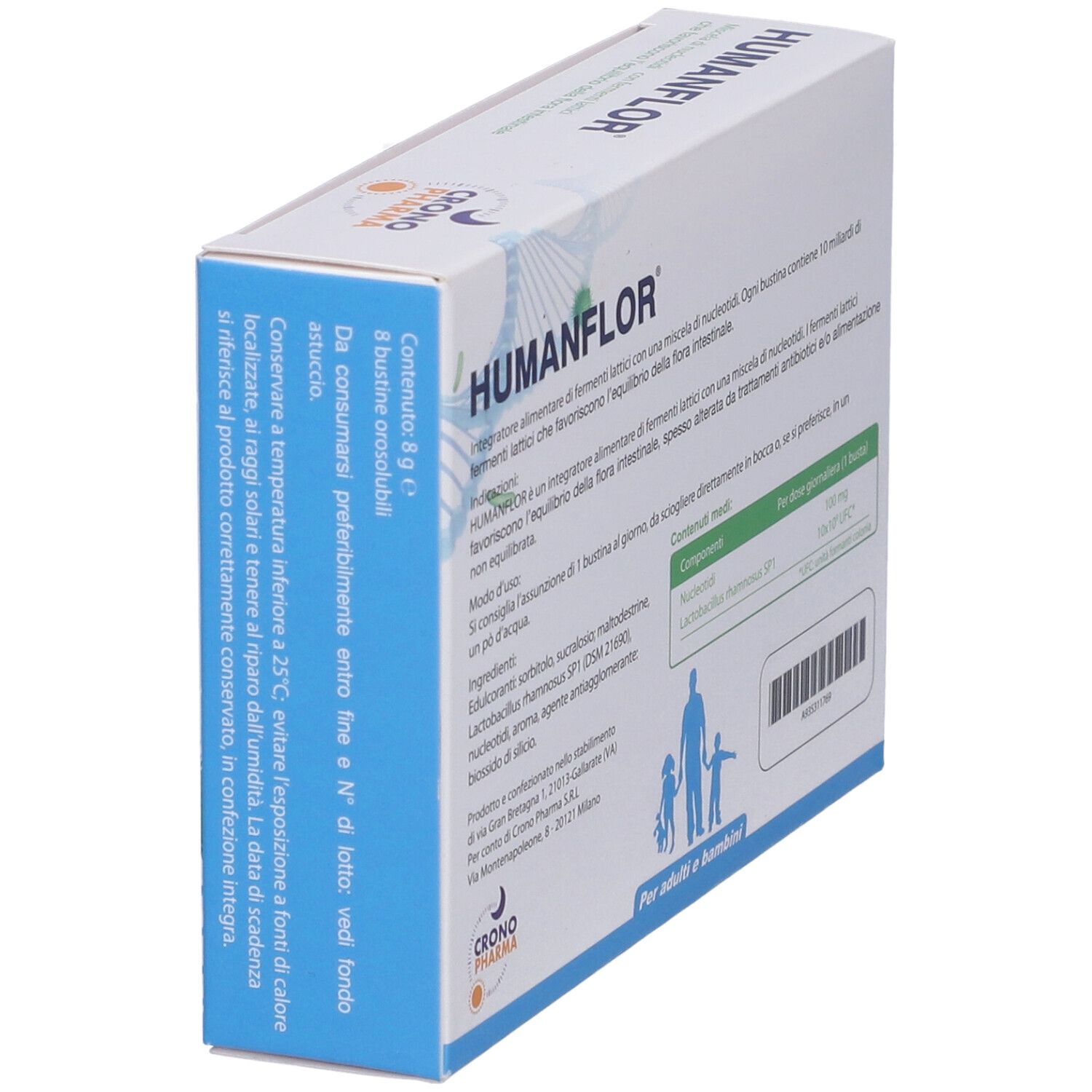 Retro della confezione Humanflor. Contiene informazioni su ingredienti e uso. Marchio: Crono Pharma. Per adulti e bambini.