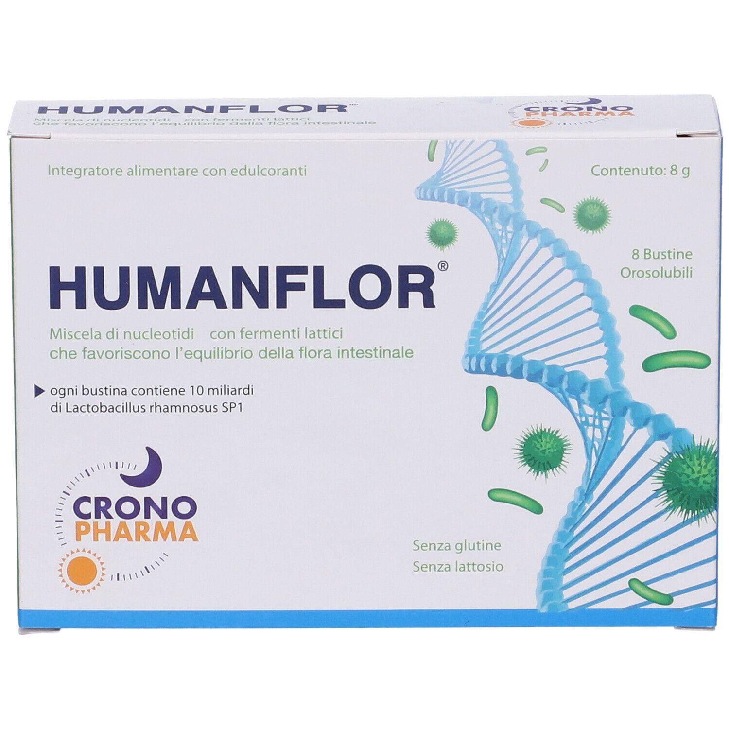 Confezione Humanflor. Scatola bianca con elementi blu e verdi. Contiene 8 bustine. Marchio: Crono Pharma.