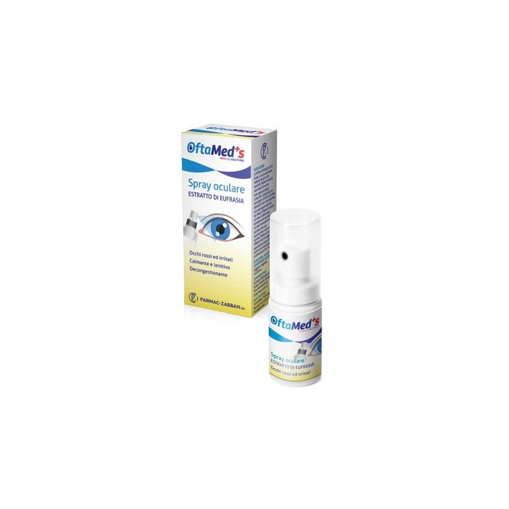 Spray oculare e confezione. Flacone bianco con nebulizzatore e scatola. Scritta: OftaMed's, Spray oculare.