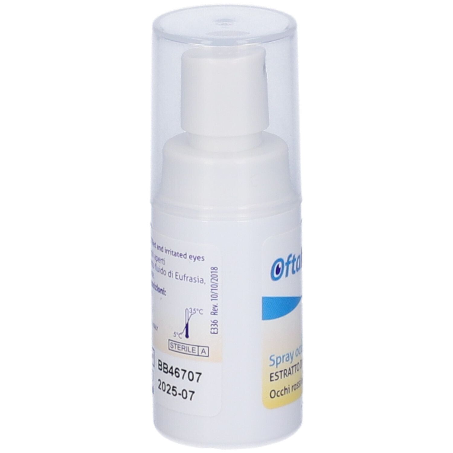 Spray oculare bianco con cappuccio trasparente. Scritta: OftaMed's, Spray oculare. Adesivo con informazioni.
