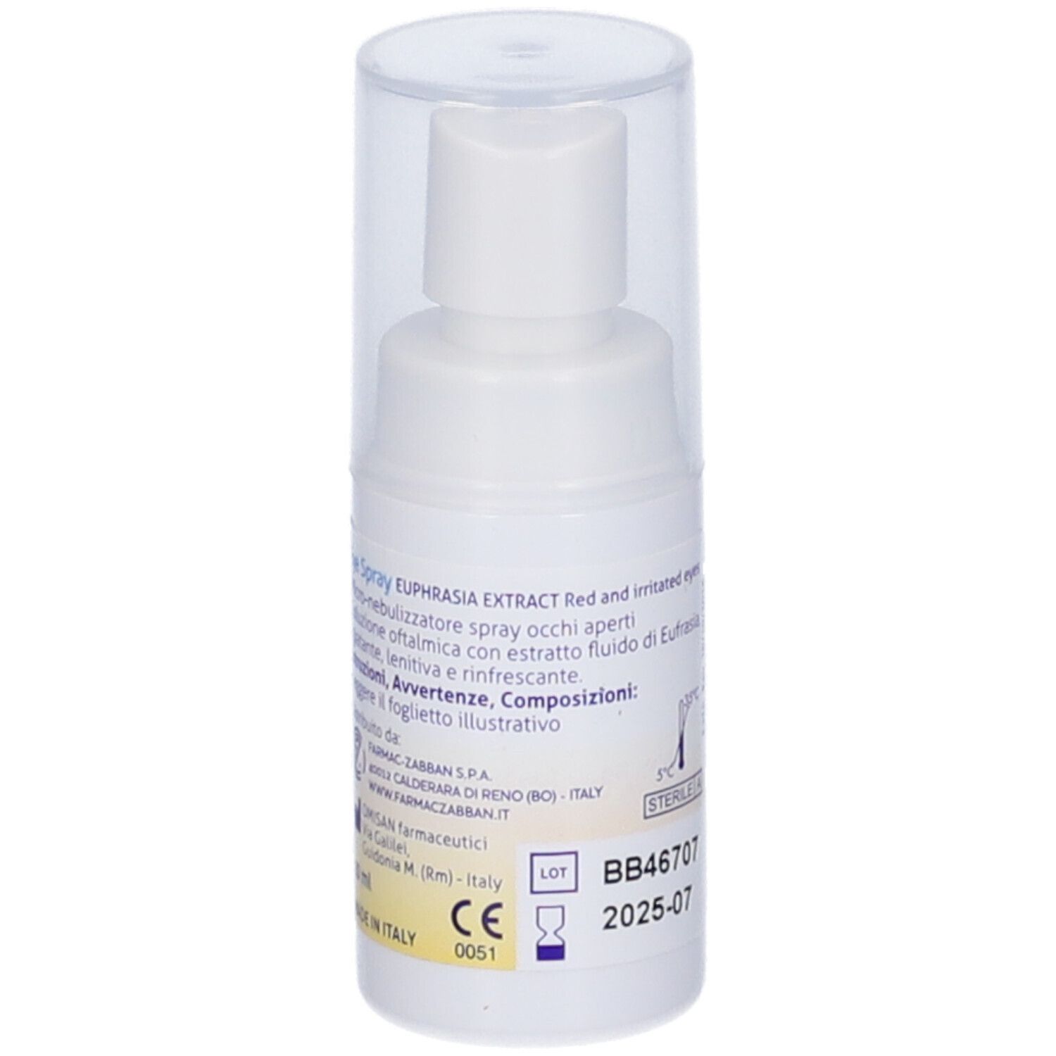 Spray oculare bianco con cappuccio trasparente. Scritta: OftaMed's, Spray oculare. Adesivo con informazioni.