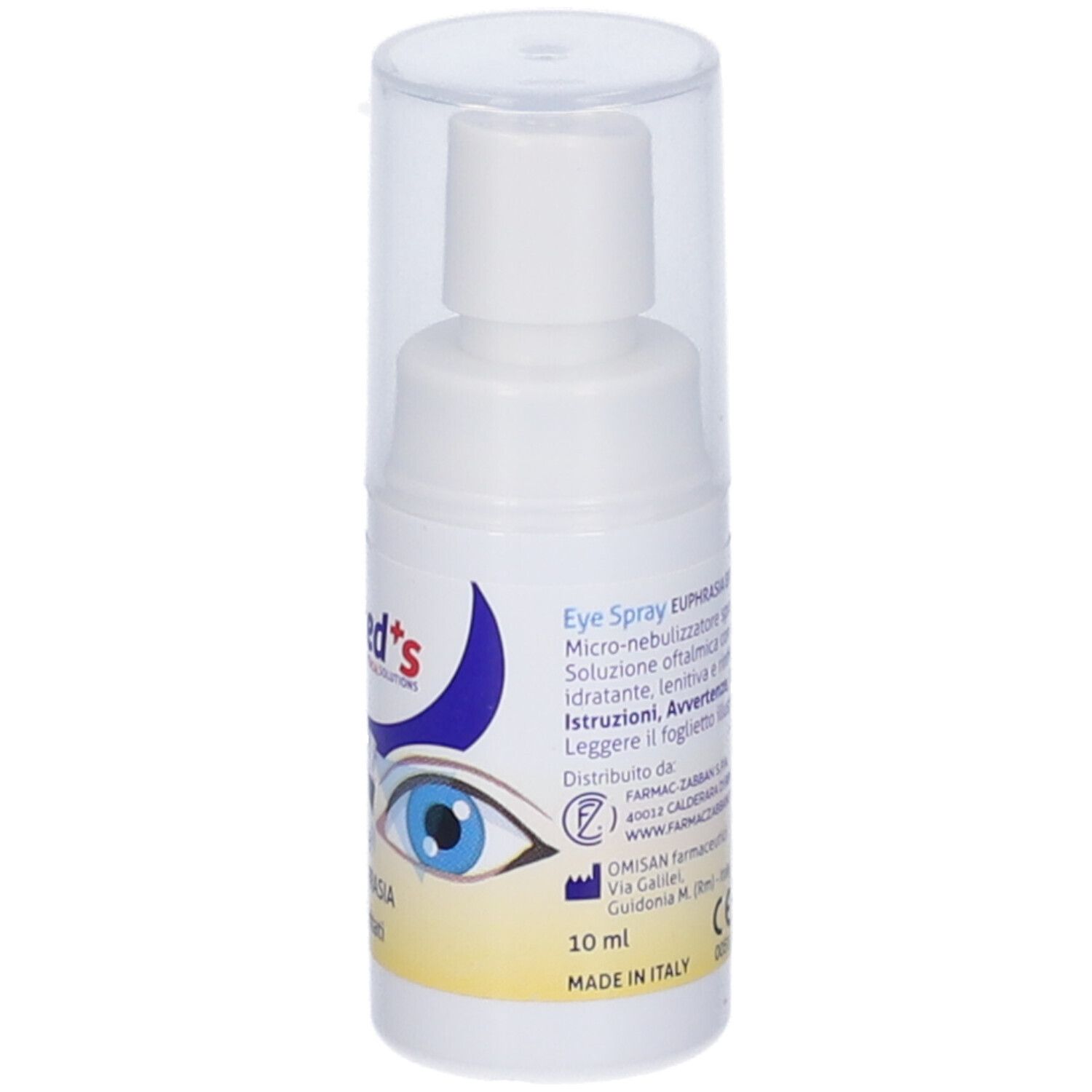 Spray oculare bianco con cappuccio trasparente. Scritta: OftaMed's, Spray oculare. Adesivo con informazioni.