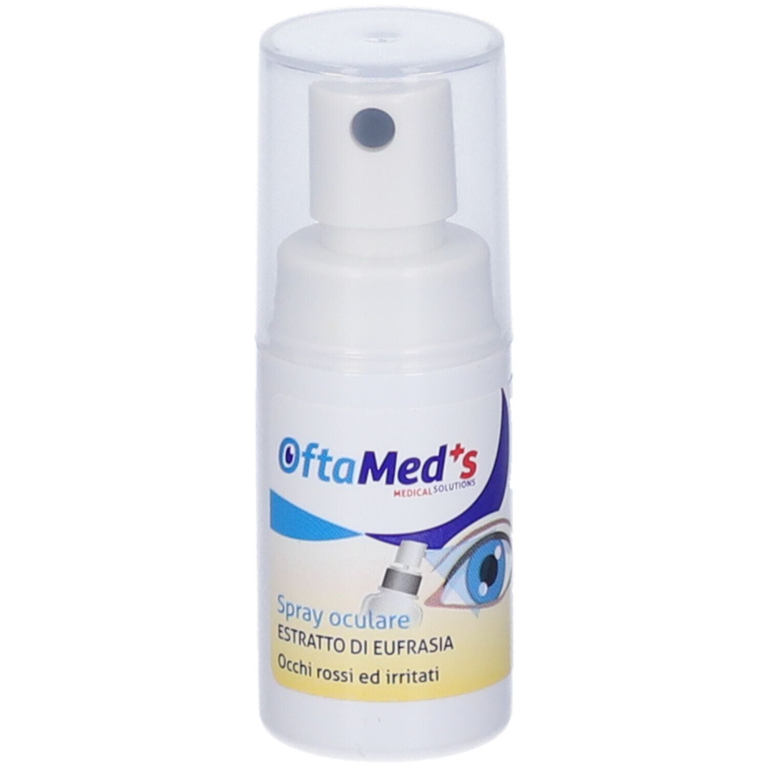 Spray oculare bianco con cappuccio trasparente. Scritta: OftaMed's, Spray oculare. Adesivo con informazioni.