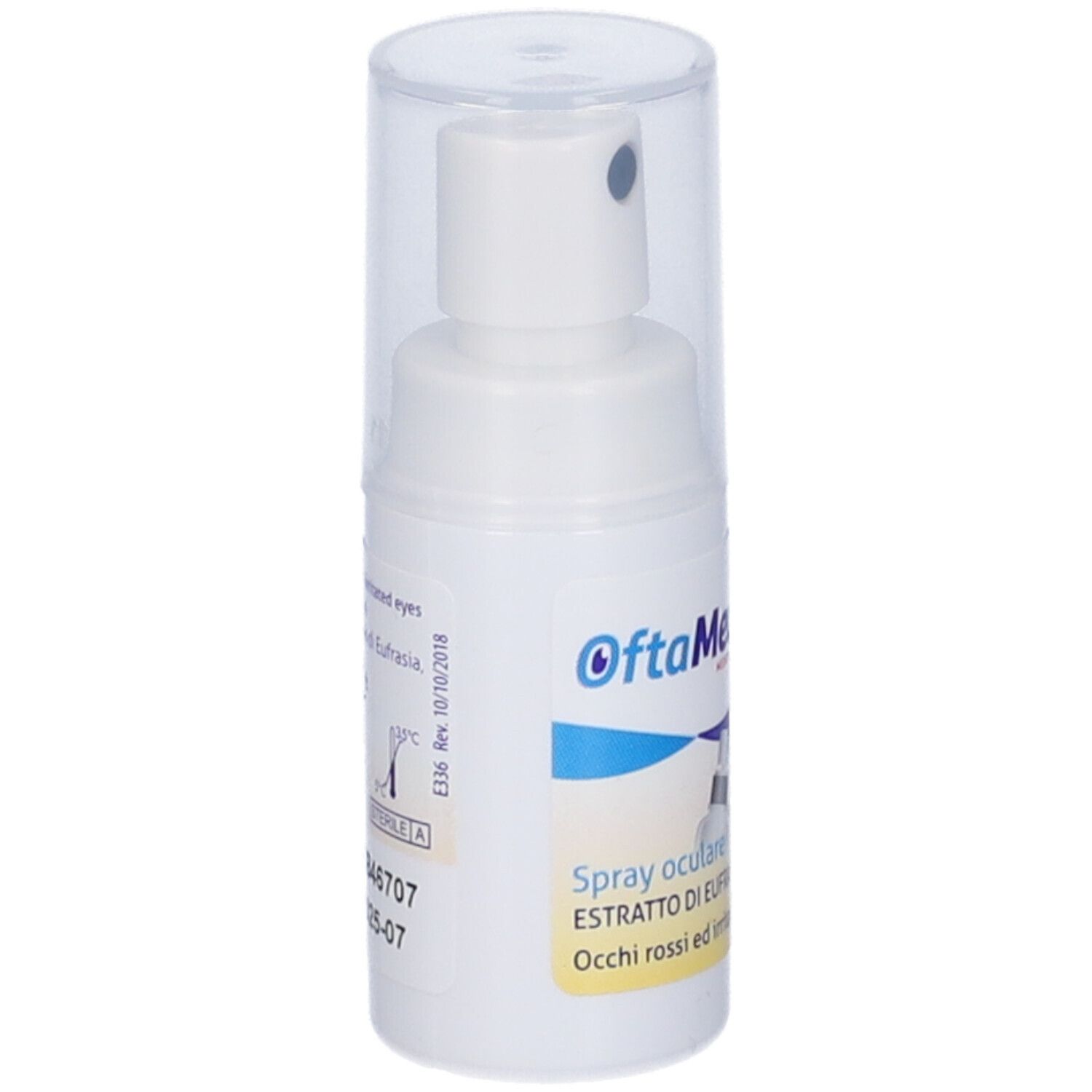 Spray oculare bianco con cappuccio trasparente. Scritta: OftaMed's, Spray oculare. Adesivo con informazioni.