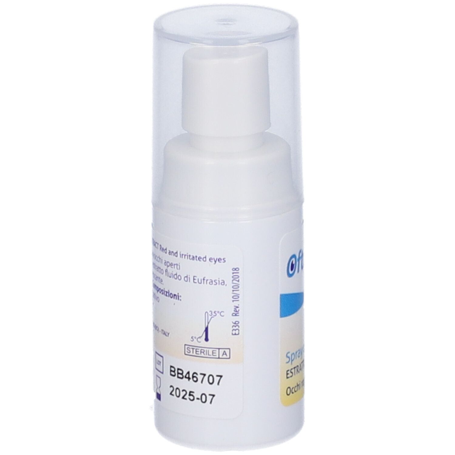 Spray oculare bianco con cappuccio trasparente. Scritta: OftaMed's, Spray oculare. Adesivo con informazioni.