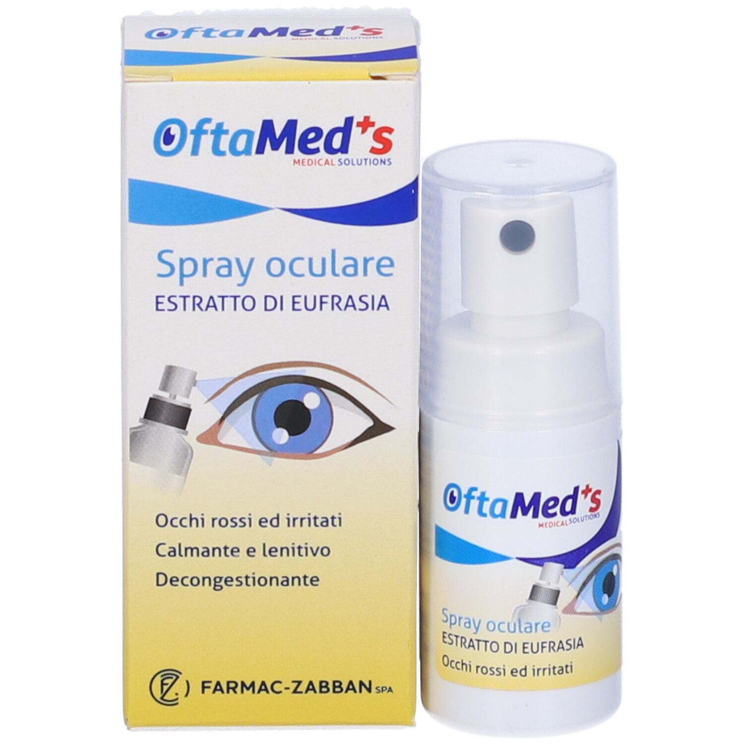 Spray oculare e confezione. Flacone bianco con nebulizzatore e scatola. Scritta: OftaMed's, Spray oculare.