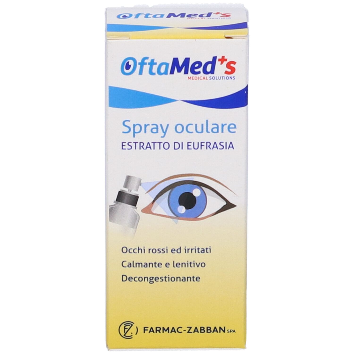Confezione. Scatola bianca con scritta: OftaMed's, Spray oculare. Illustrazione di un occhio.
