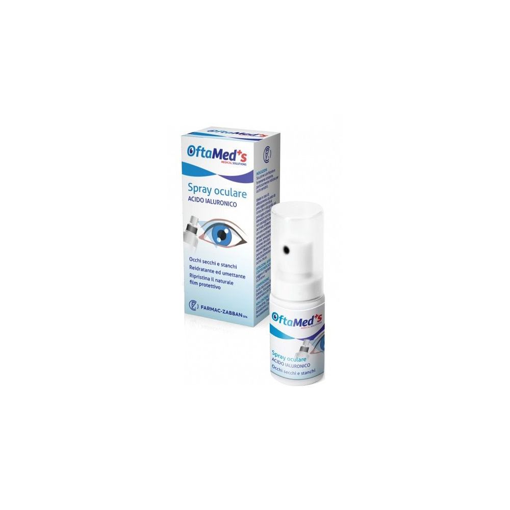 Spray oculare e confezione. Scritta: OftaMed's, Spray oculare, Acido Ialuronico. Con illustrazione di un occhio.