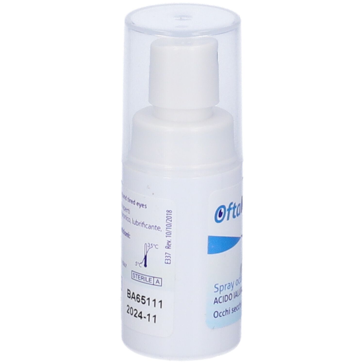Spray oculare bianco con cappuccio trasparente. Scritta ed etichetta con informazioni. Sterile A.