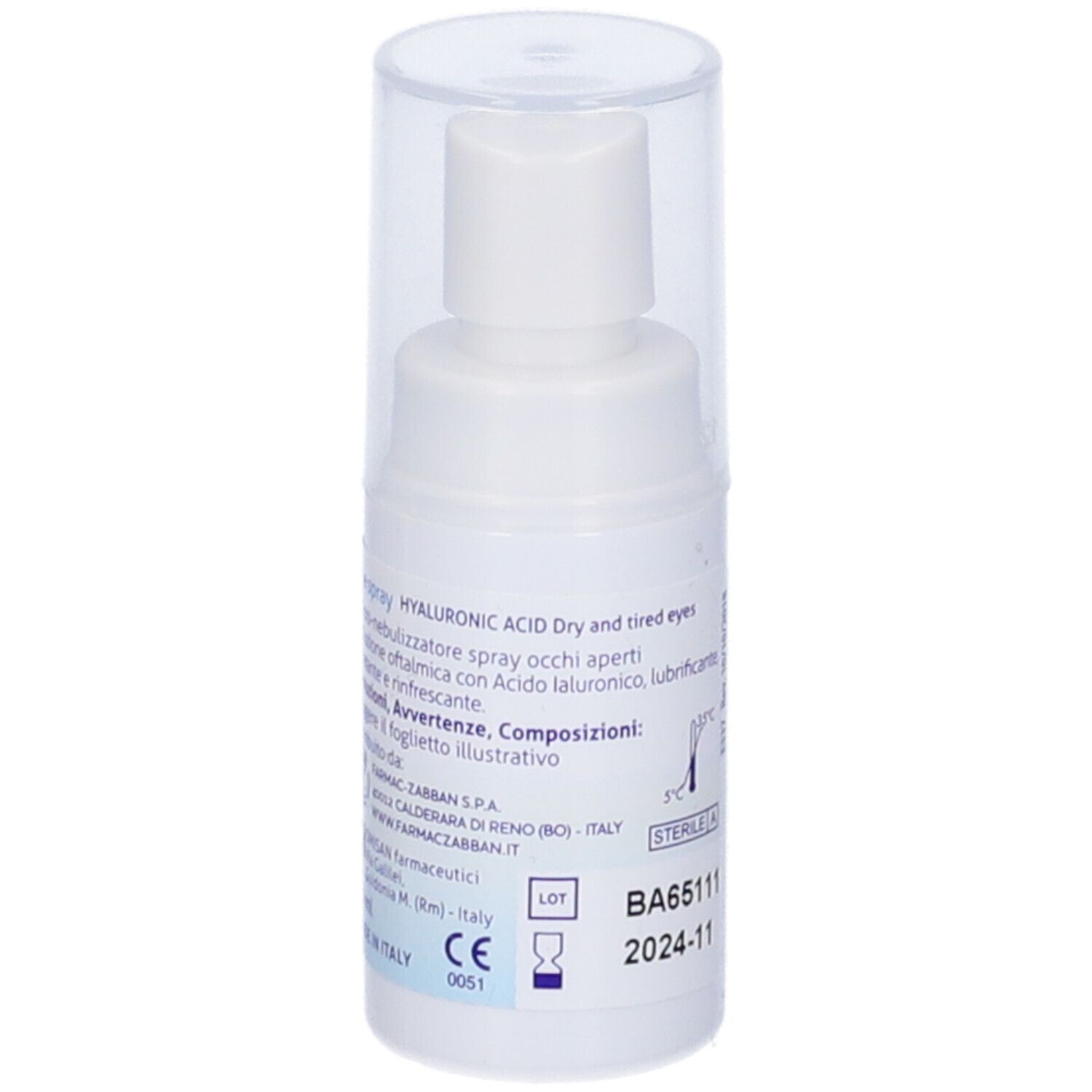 Spray oculare bianco con cappuccio trasparente. Scritta ed etichetta con informazioni. Sterile A.