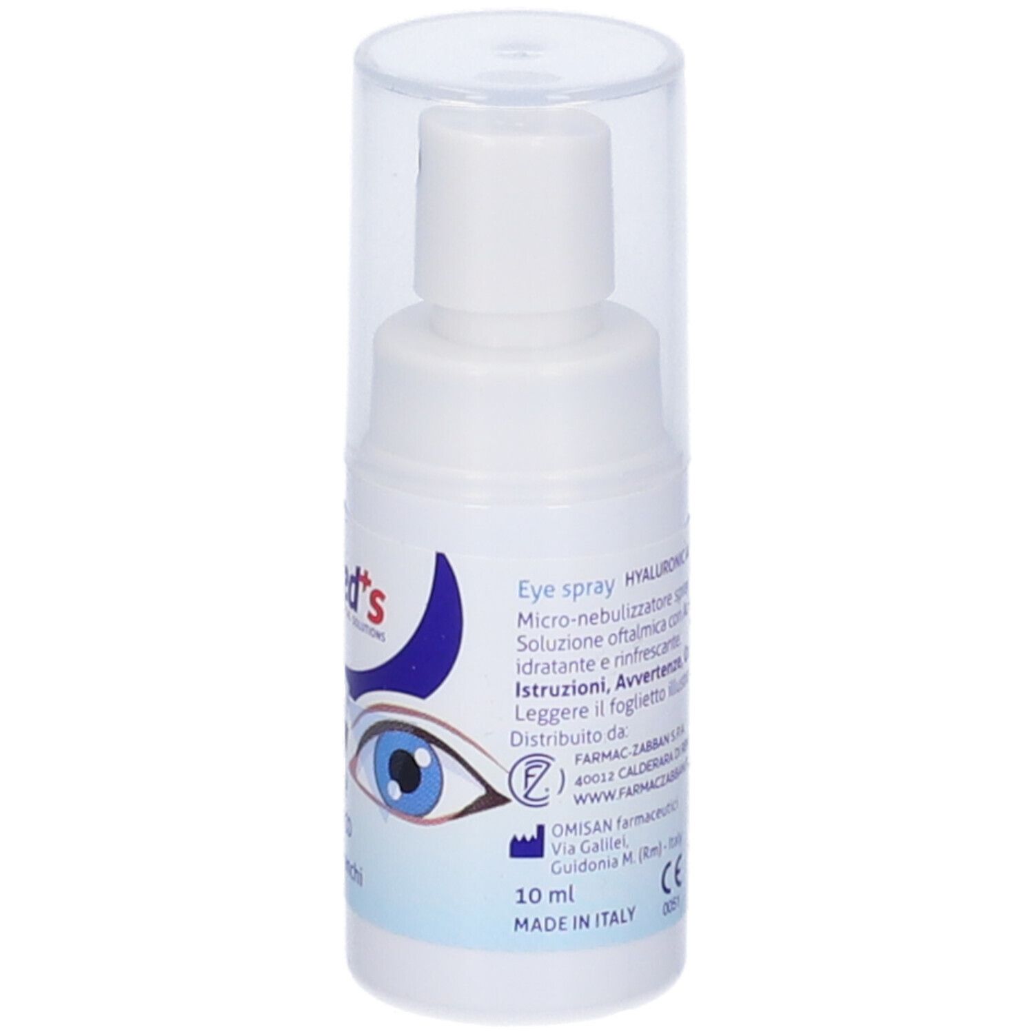 Spray oculare bianco con cappuccio trasparente. Scritta: OftaMed's, Eye spray, 10 ml. Con illustrazione di un occhio.