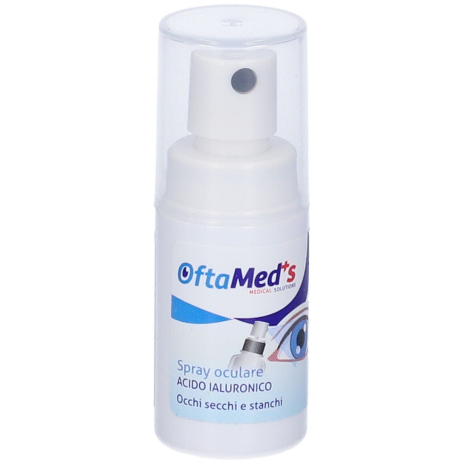 Spray oculare bianco con cappuccio trasparente. Scritta: OftaMed's, Spray oculare, Acido Ialuronico. Con illustrazione di un occhio.