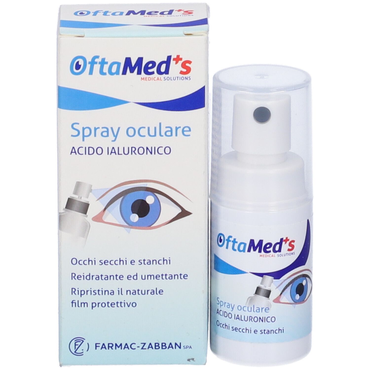 Spray oculare e confezione. Scritta: OftaMed's, Spray oculare, Acido Ialuronico. Con illustrazione di un occhio.