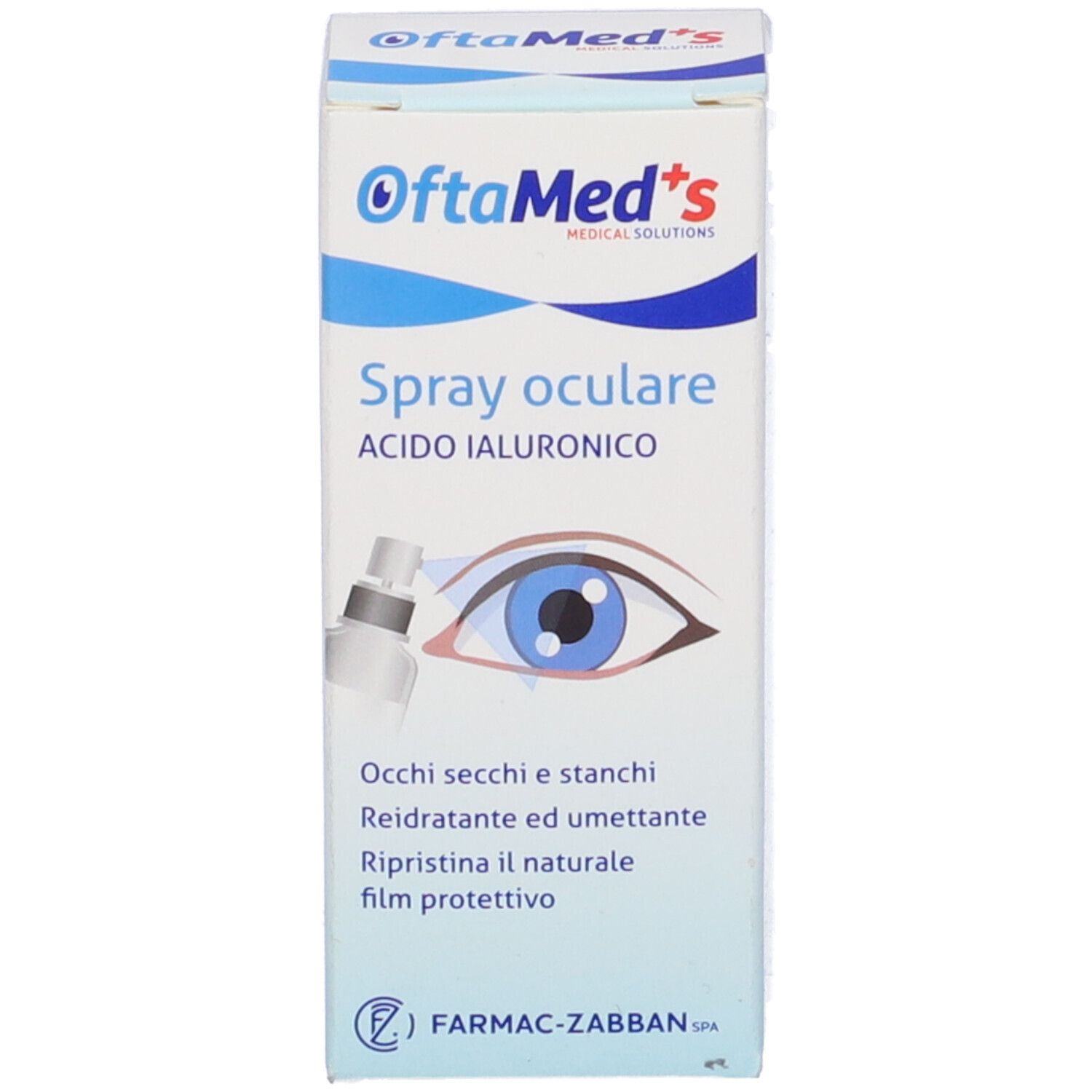 Confezione. Scritta: OftaMed's, Spray oculare, Acido Ialuronico. Con illustrazione di un occhio.