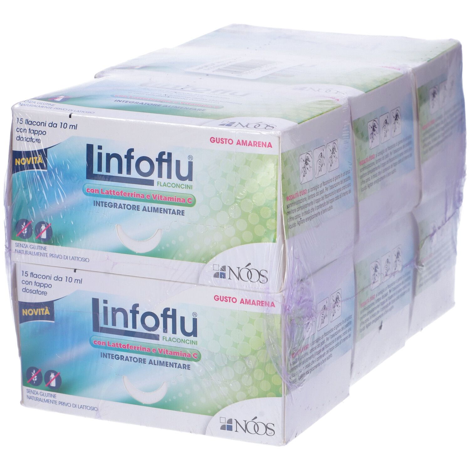Confezione di due scatole di Linfoflu Flaconcini. Scritte: Lattoferrina, Vitamina C, Integratore Alimentare. Logo NOOS.