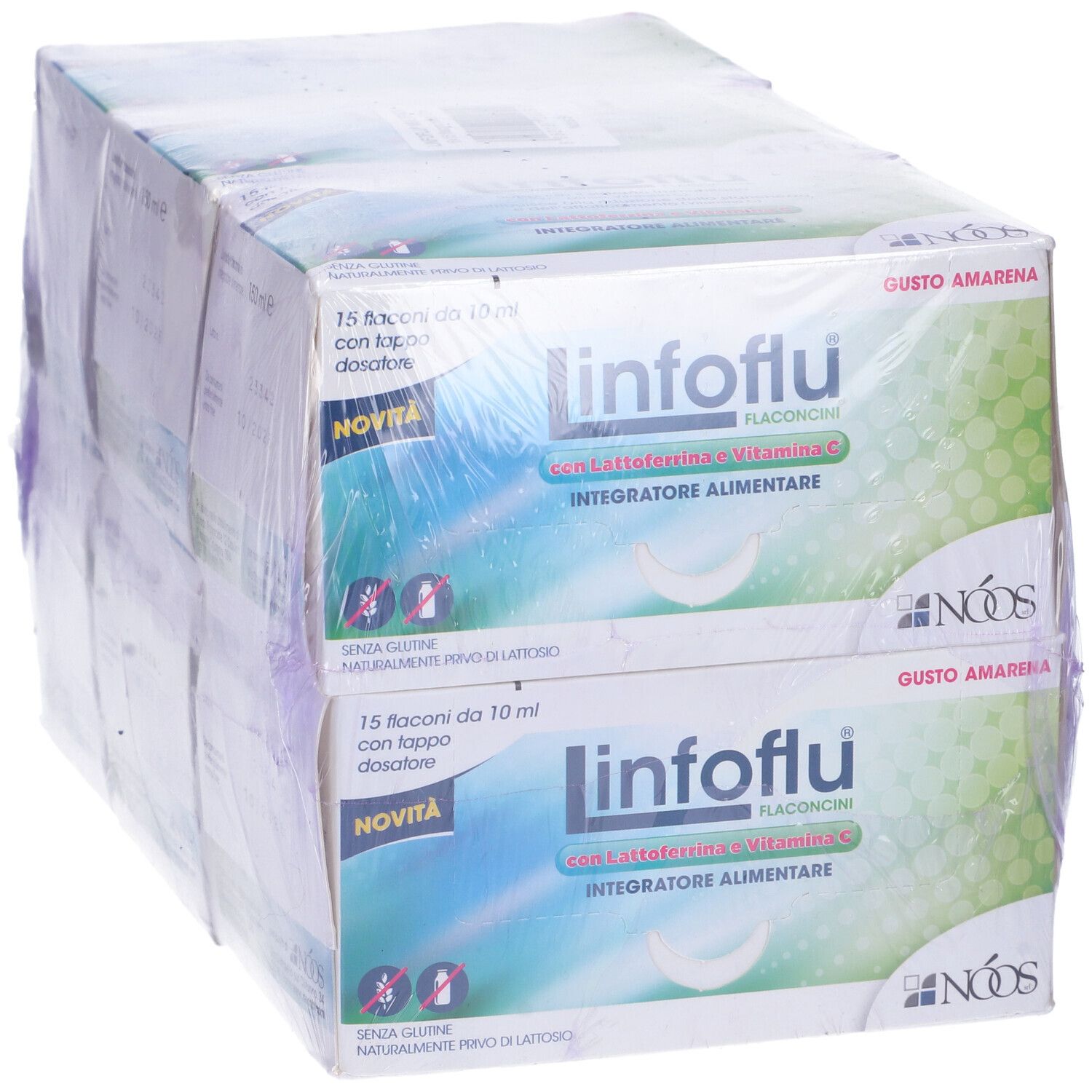 Confezione di due scatole di Linfoflu Flaconcini. Scritte: Lattoferrina, Vitamina C, Integratore Alimentare. Logo NOOS.
