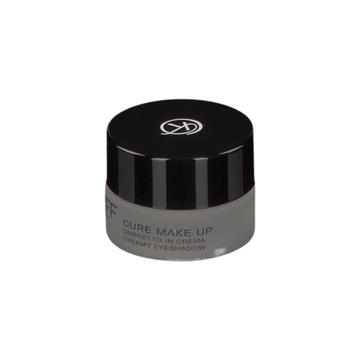 Ombretto in crema KORFF chiuso. Vasetto grigio, coperchio nero con logo. Testo: KORFF MILANO, CURE MAKE UP, CREMA EYESHADOW.