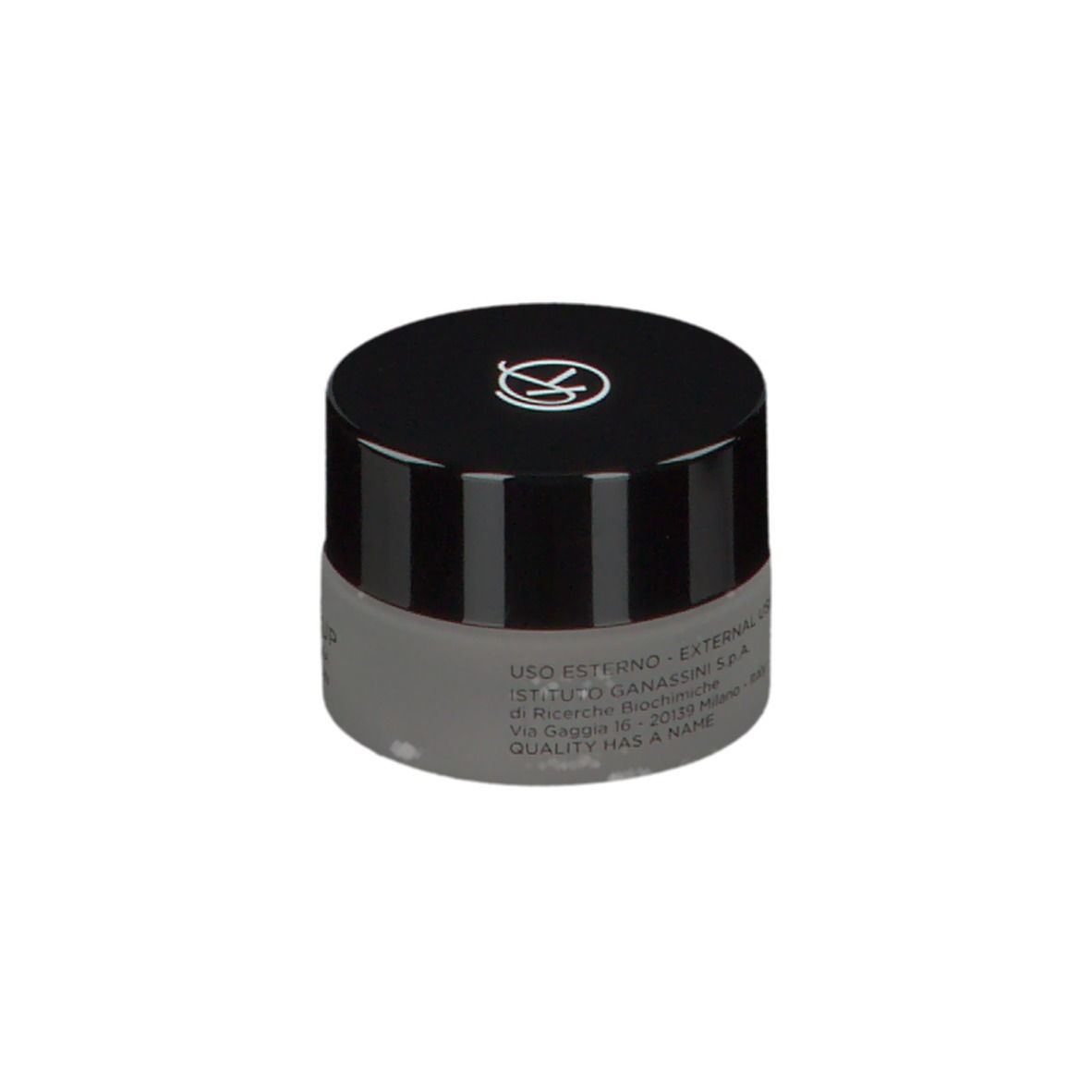 Ombretto in crema KORFF chiuso. Vasetto grigio, coperchio nero con logo. Testo: KORFF MILANO, CURE MAKE UP, CREMA EYESHADOW.