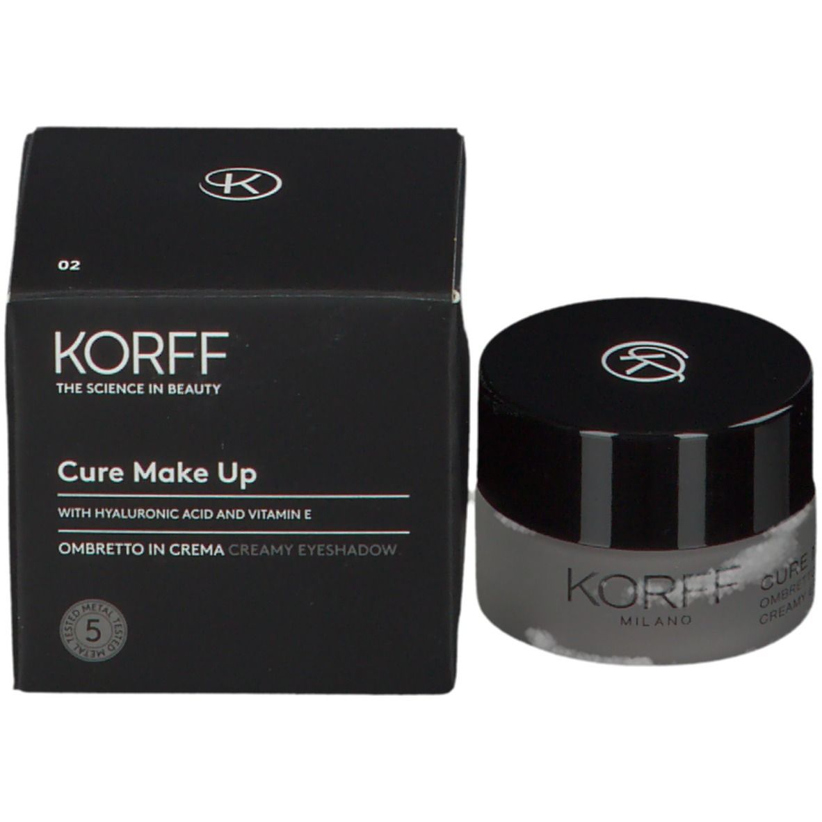 Ombretto in crema KORFF e confezione. Confezione nera, testo: KORFF, CURE MAKE UP, Ombretto in Crema. Con acido ialuronico e vitamina E.