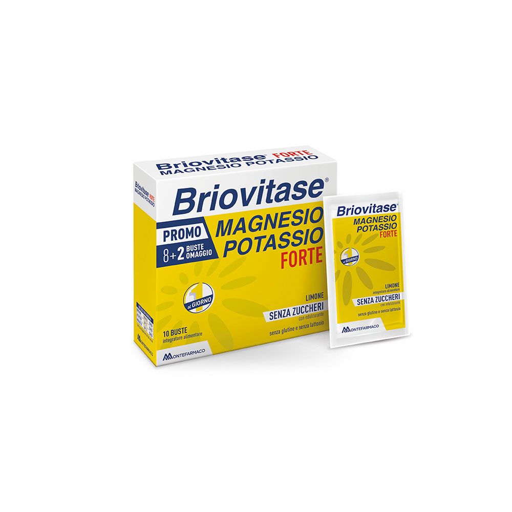 Boîte de Briovitase Forte, magnésium et potassium. Emballage jaune et blanc avec nom du produit et un sachet.