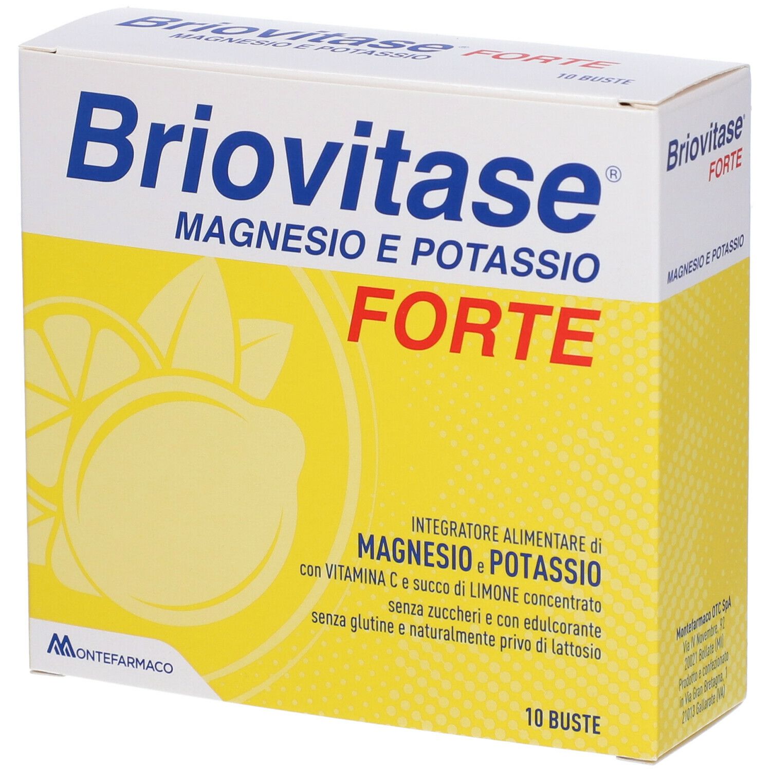 Boîte Briovitase Forte, magnésium et potassium. Emballage jaune et blanc avec nom du produit, illustration de citron et 10 sachets.