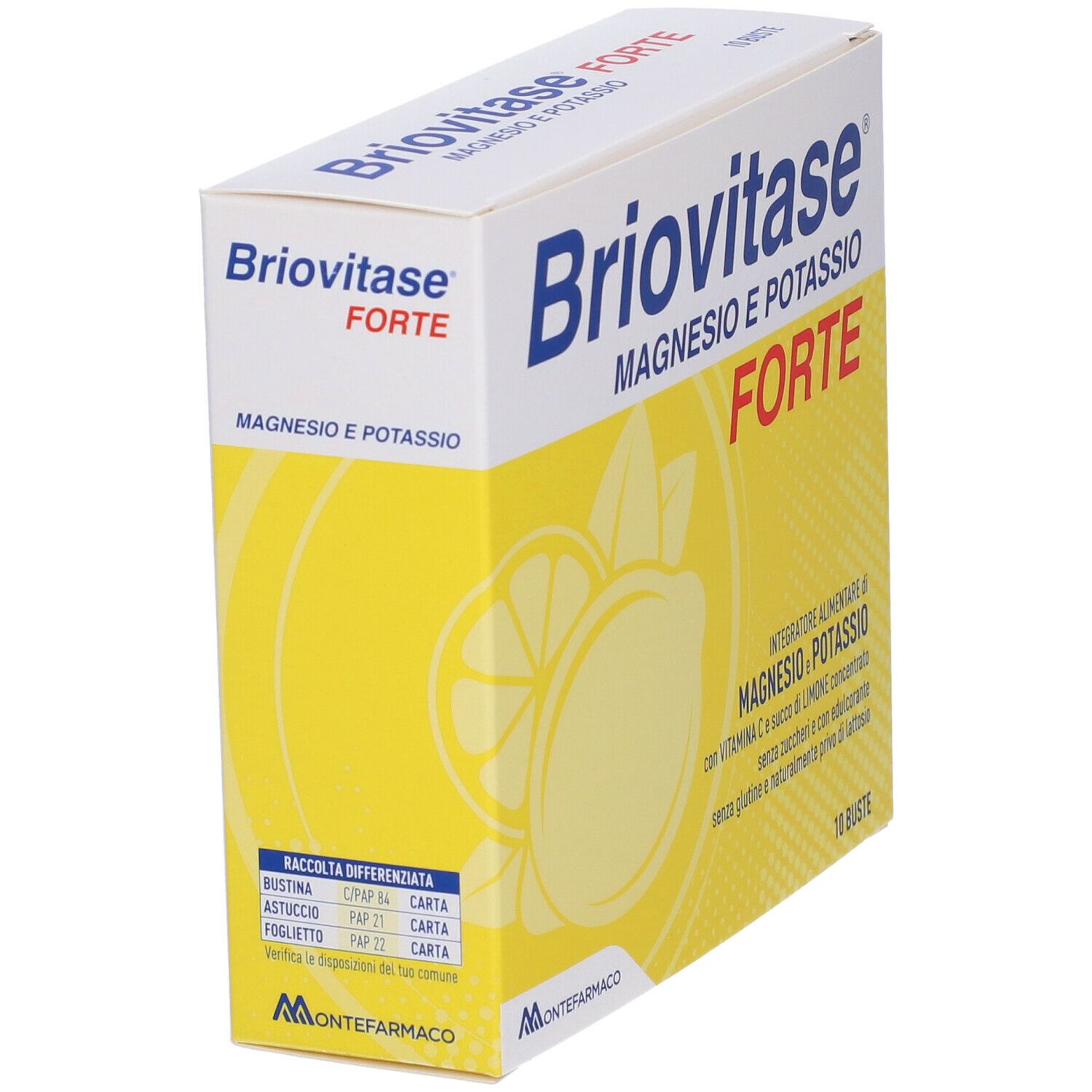 Boîte Briovitase Forte, magnésium et potassium. Emballage jaune et blanc avec nom du produit, illustration de citron et 10 sachets.
