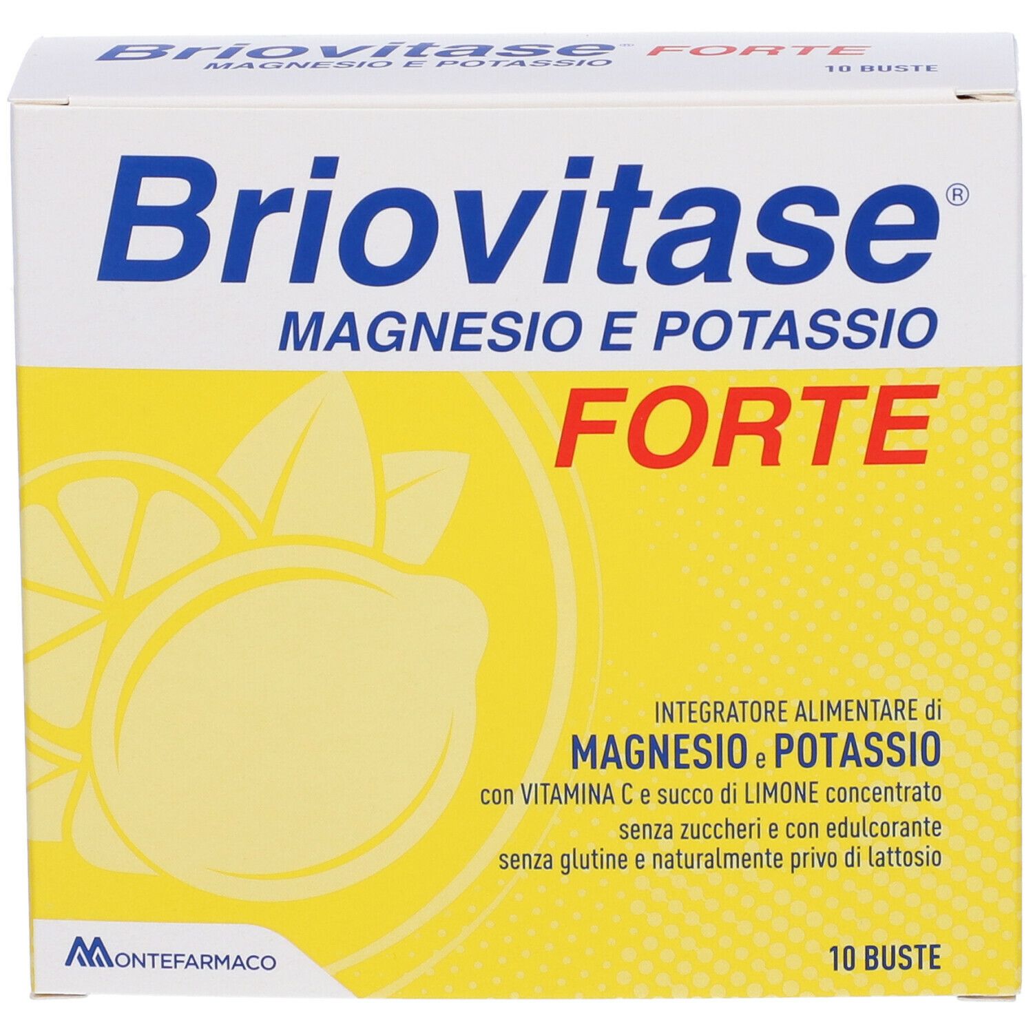 Boîte Briovitase Forte, magnésium et potassium. Emballage jaune et blanc avec nom du produit, illustration de citron et 10 sachets.