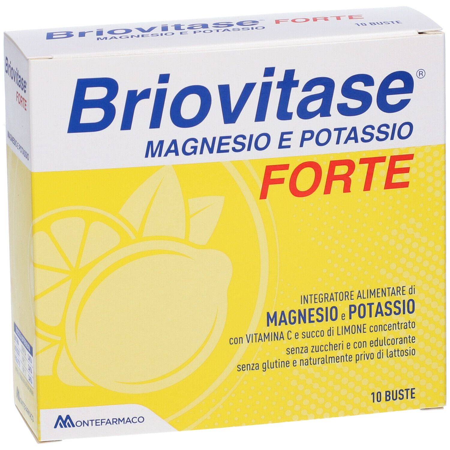 Boîte Briovitase Forte, magnésium et potassium. Emballage jaune et blanc avec nom du produit, illustration de citron et 10 sachets.