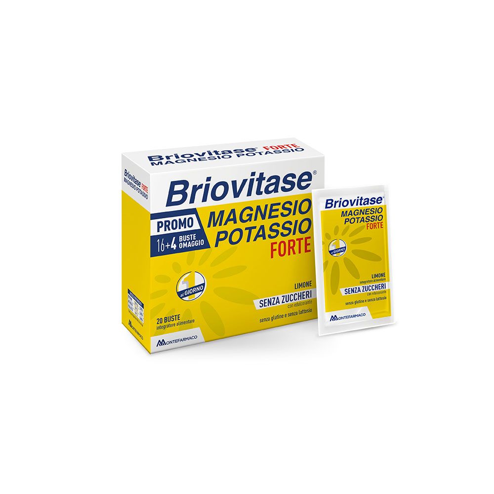 Scatola di Briovitase Forte. Confezione gialla e bianca con nome del prodotto e informazioni. Una bustina singola accanto.