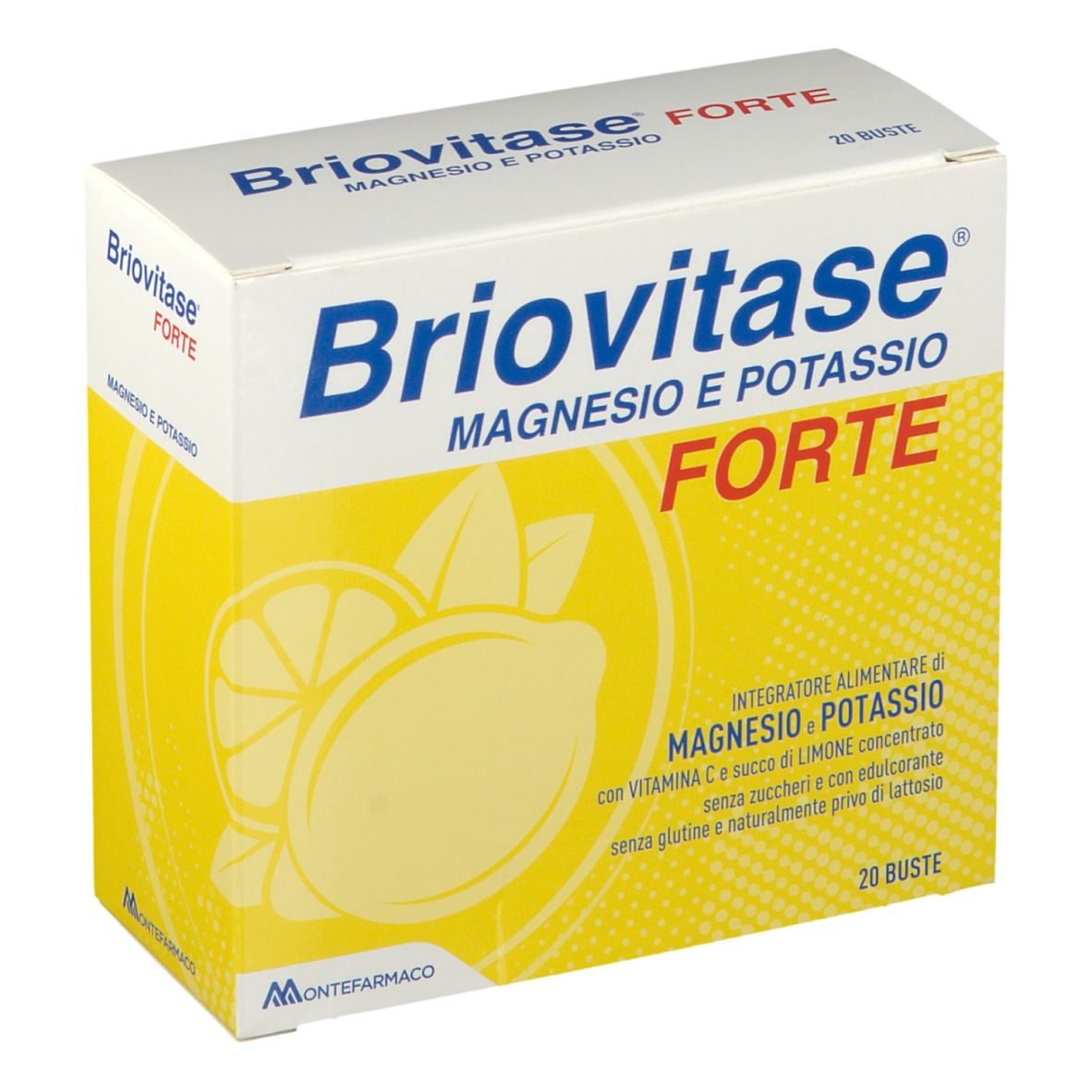 Scatola Briovitase Forte. Scatola bianca con sfondo giallo e nome del prodotto. Illustrazione di limone.