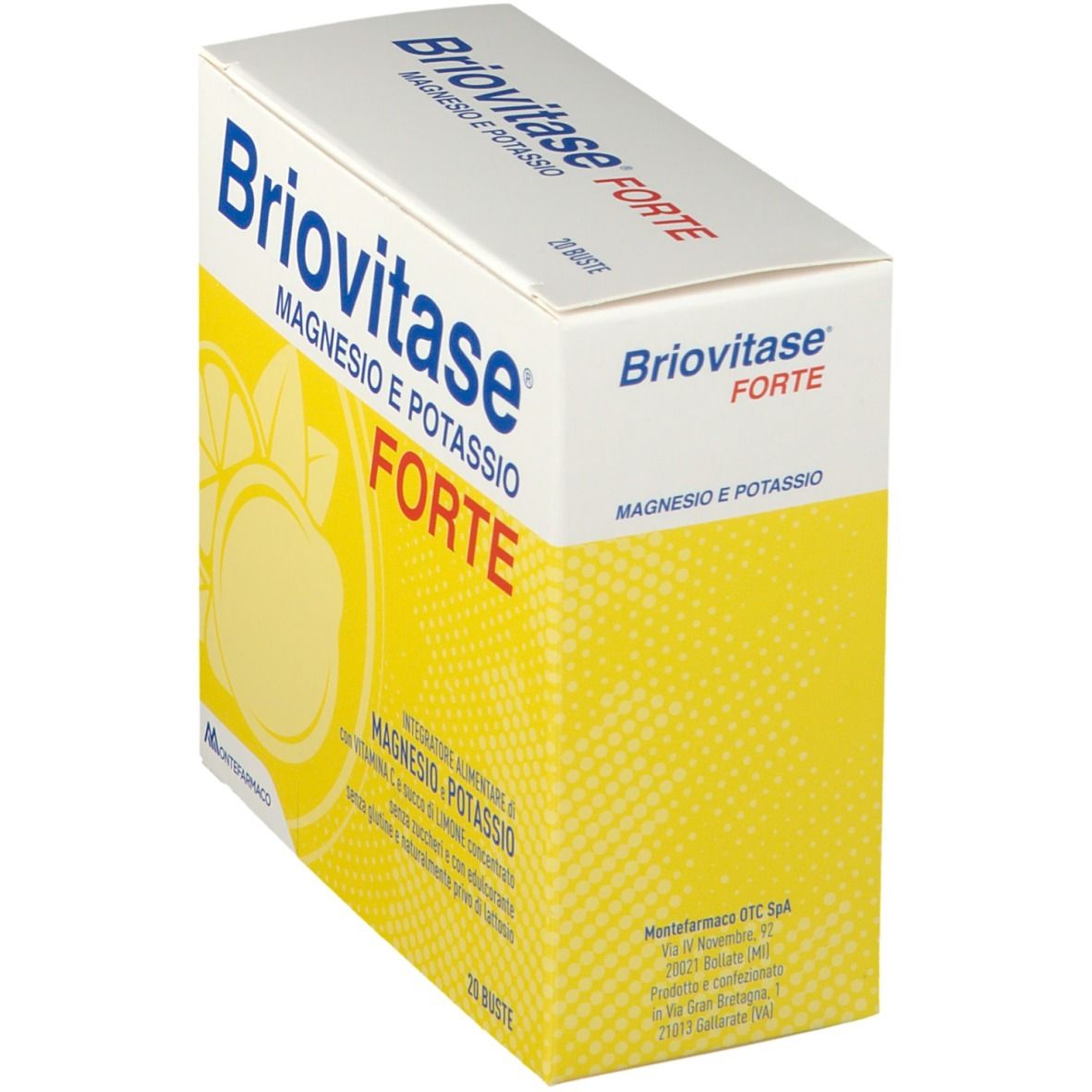 Scatola Briovitase Forte. Scatola bianca con sfondo giallo e nome del prodotto. Vista obliqua.