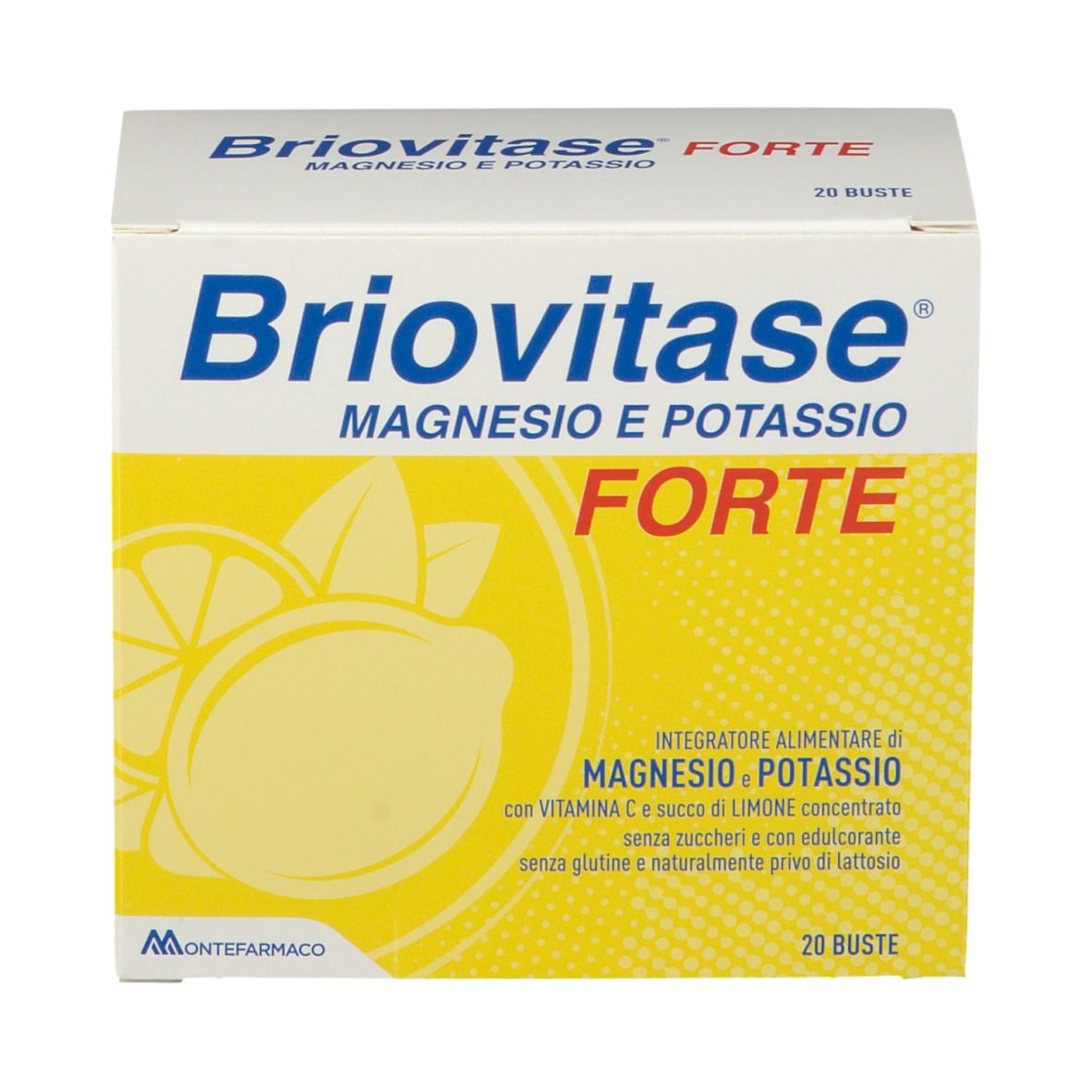 Scatola Briovitase Forte. Scatola bianca con sfondo giallo e nome del prodotto. Illustrazione di limone.