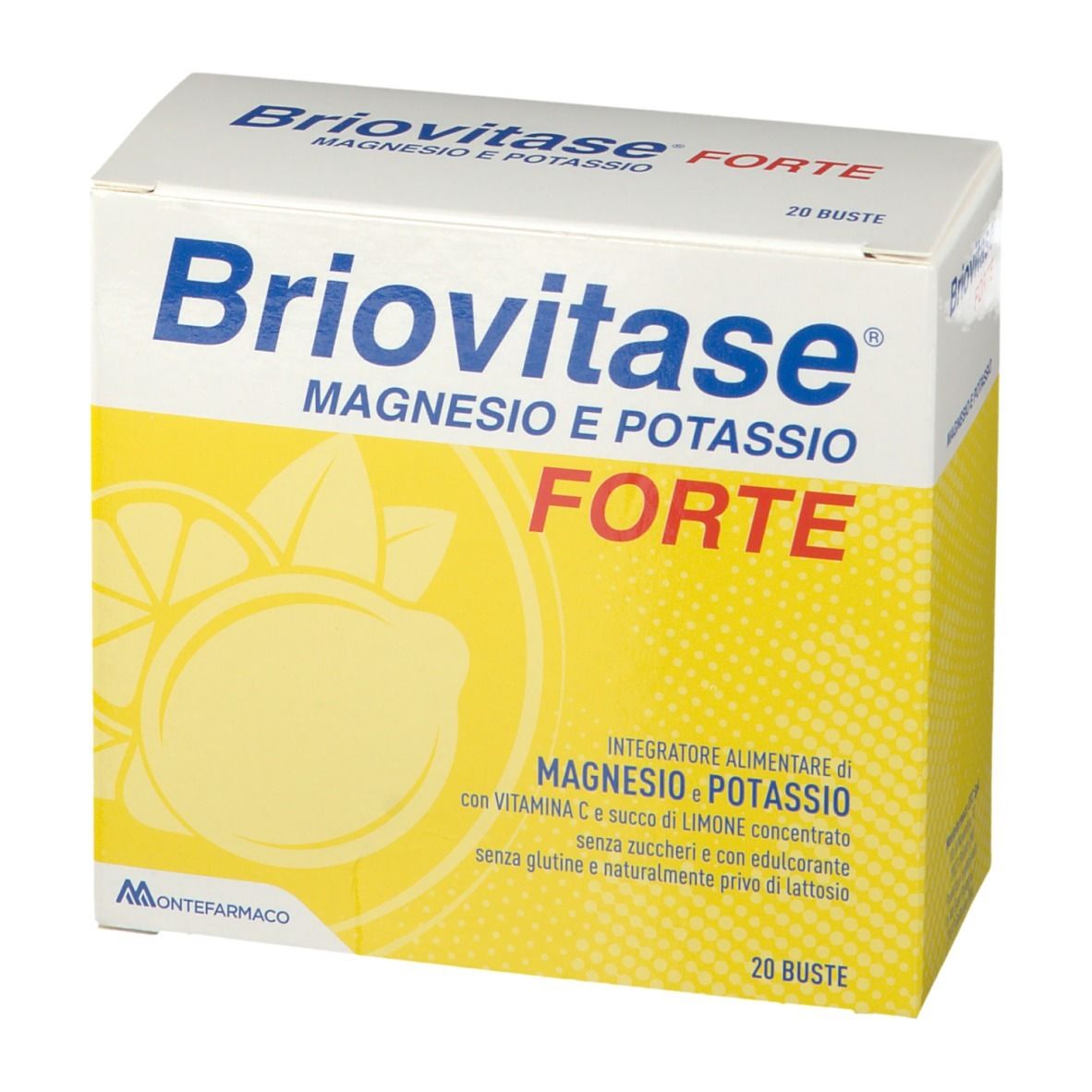 Scatola Briovitase Forte. Scatola bianca con sfondo giallo e nome del prodotto. Illustrazione di limone.