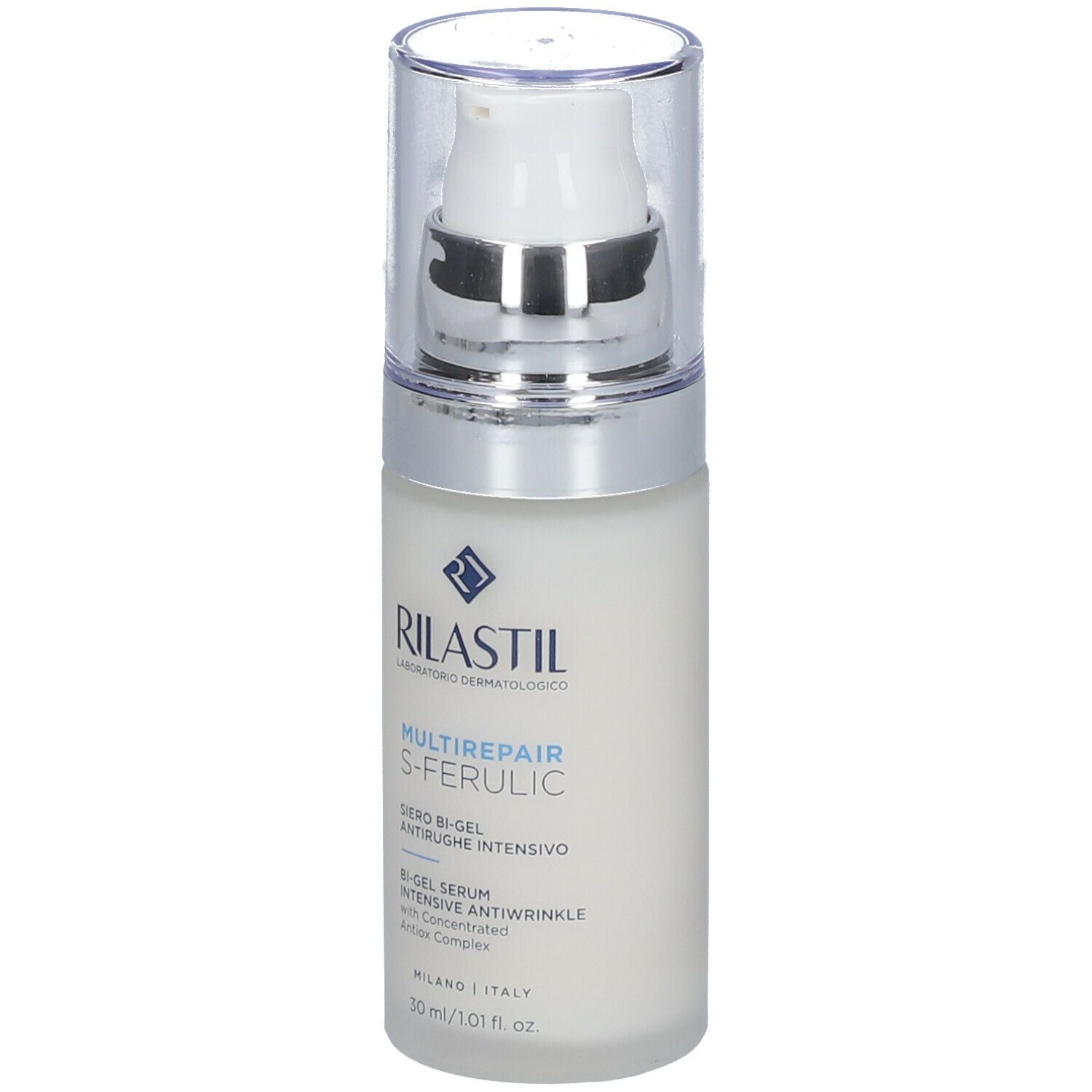 RILASTIL® Multireparatur S-Fertilisch. Flacone bianco con dosatore. Nome e logo visibili. Testo: Siero anti-rughe.