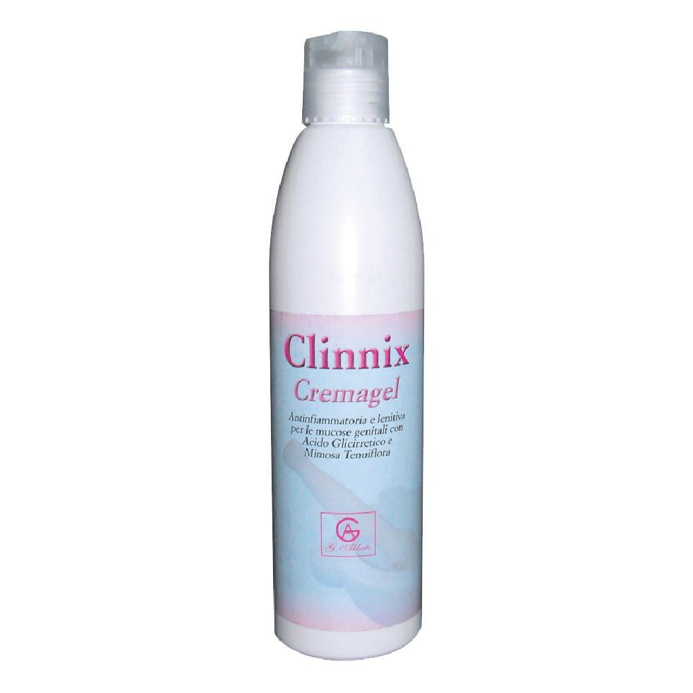 Flacone bianco con etichetta rosa. Scritta: Clinnix Cremagel. Nome del prodotto e ingredienti.