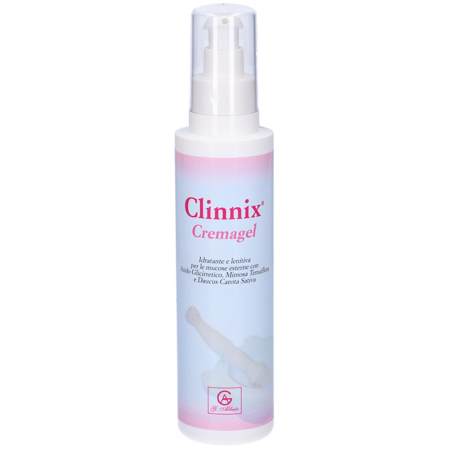 Flacone bianco con dosatore e etichetta rosa. Scritta: Clinnix Cremagel. Nome del prodotto e ingredienti.