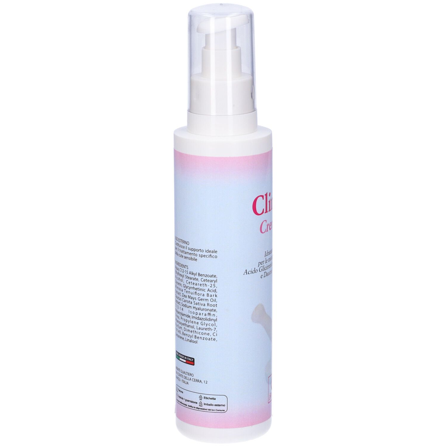 Flacone bianco con dosatore. Etichetta rosa con ingredienti e testo. Bandiera italiana.