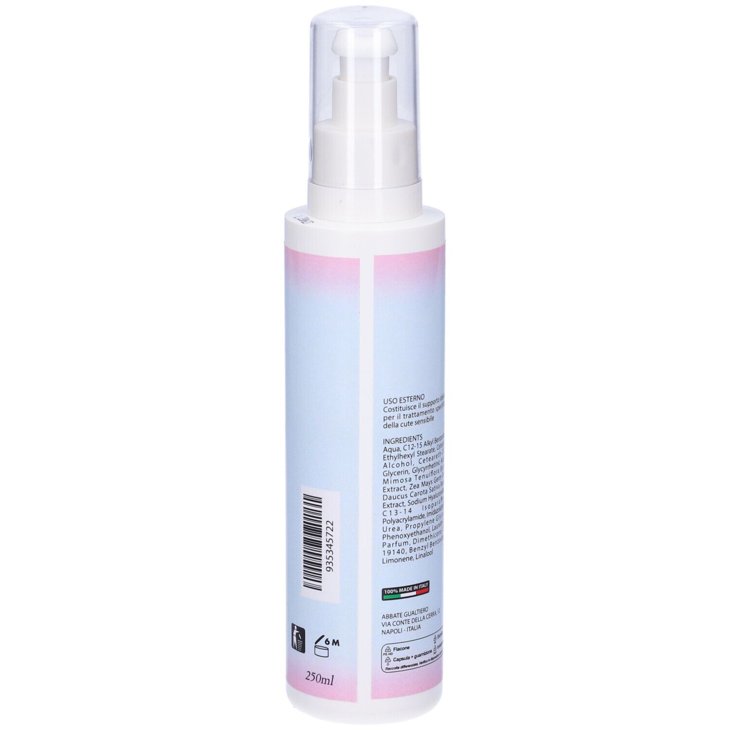 Flacone bianco con dosatore. Retro con ingredienti e testo. Bandiera italiana e 250ml.