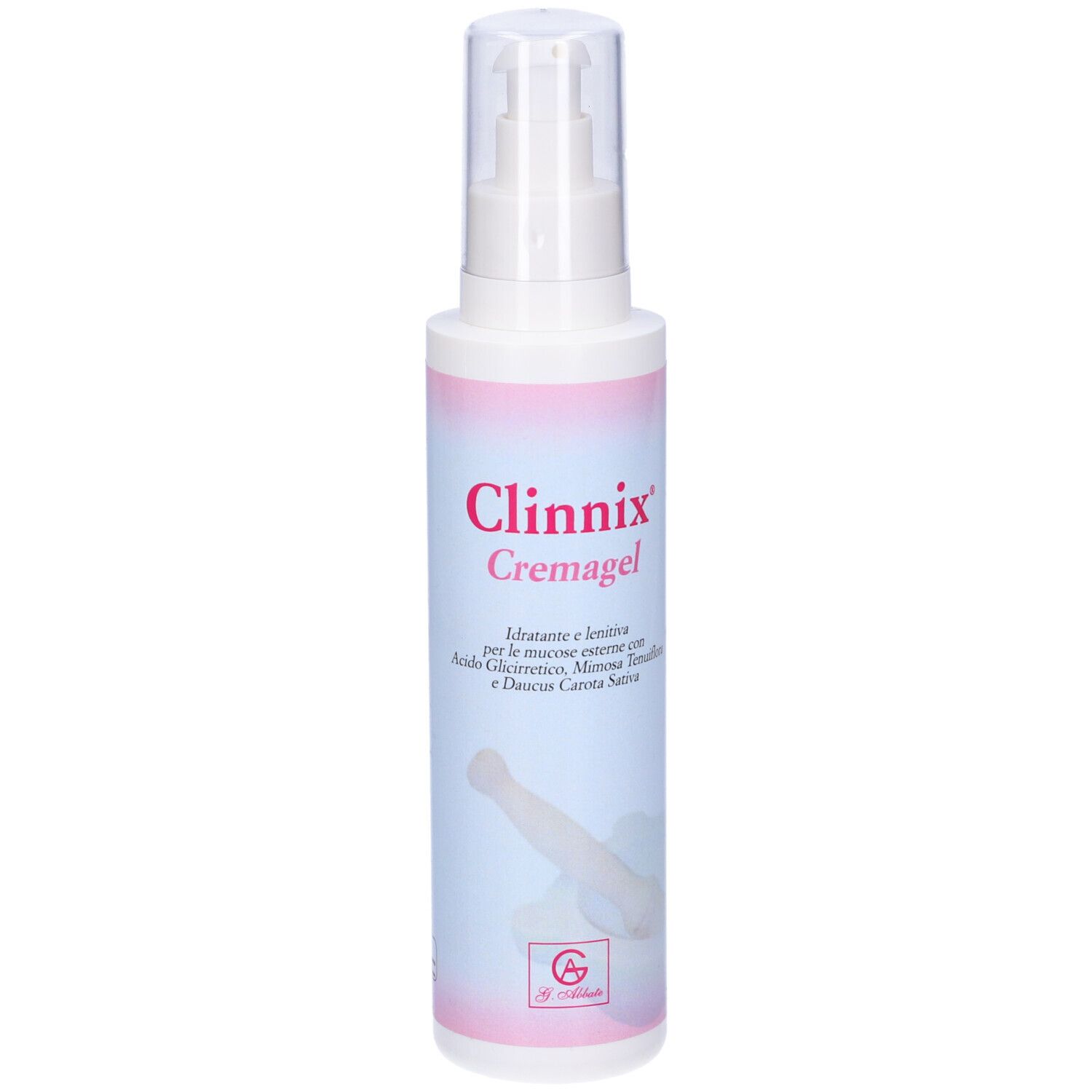 Flacone bianco con dosatore e etichetta rosa. Scritta: Clinnix Cremagel. Nome del prodotto e ingredienti.