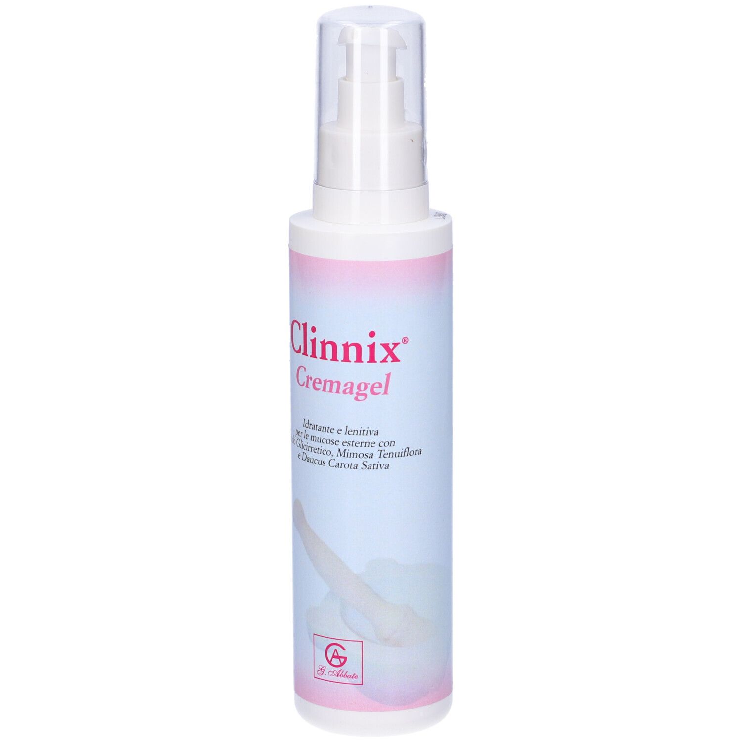 Flacone bianco con dosatore e etichetta rosa. Scritta: Clinnix Cremagel. Nome del prodotto e ingredienti.