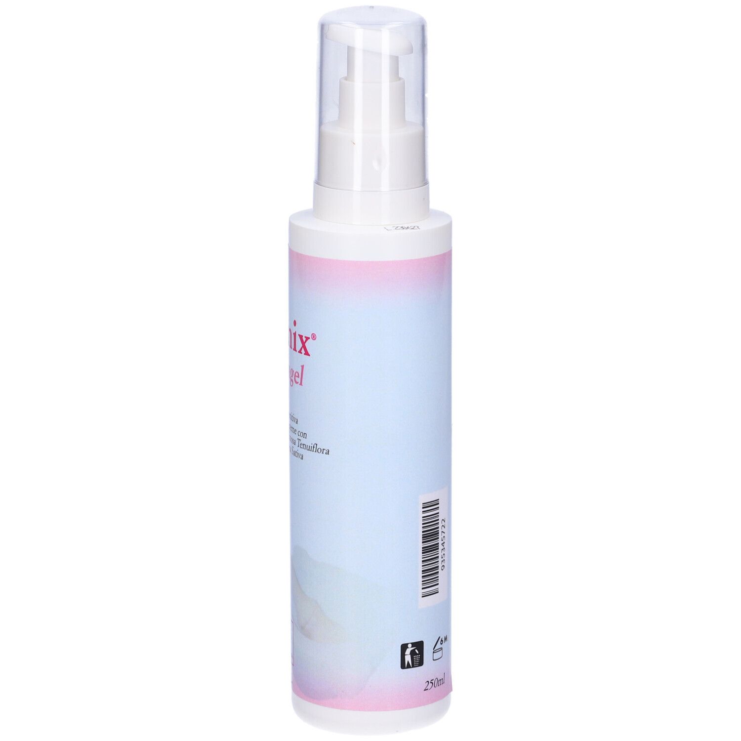Flacone bianco con dosatore. Retro con ingredienti e testo. 250ml.