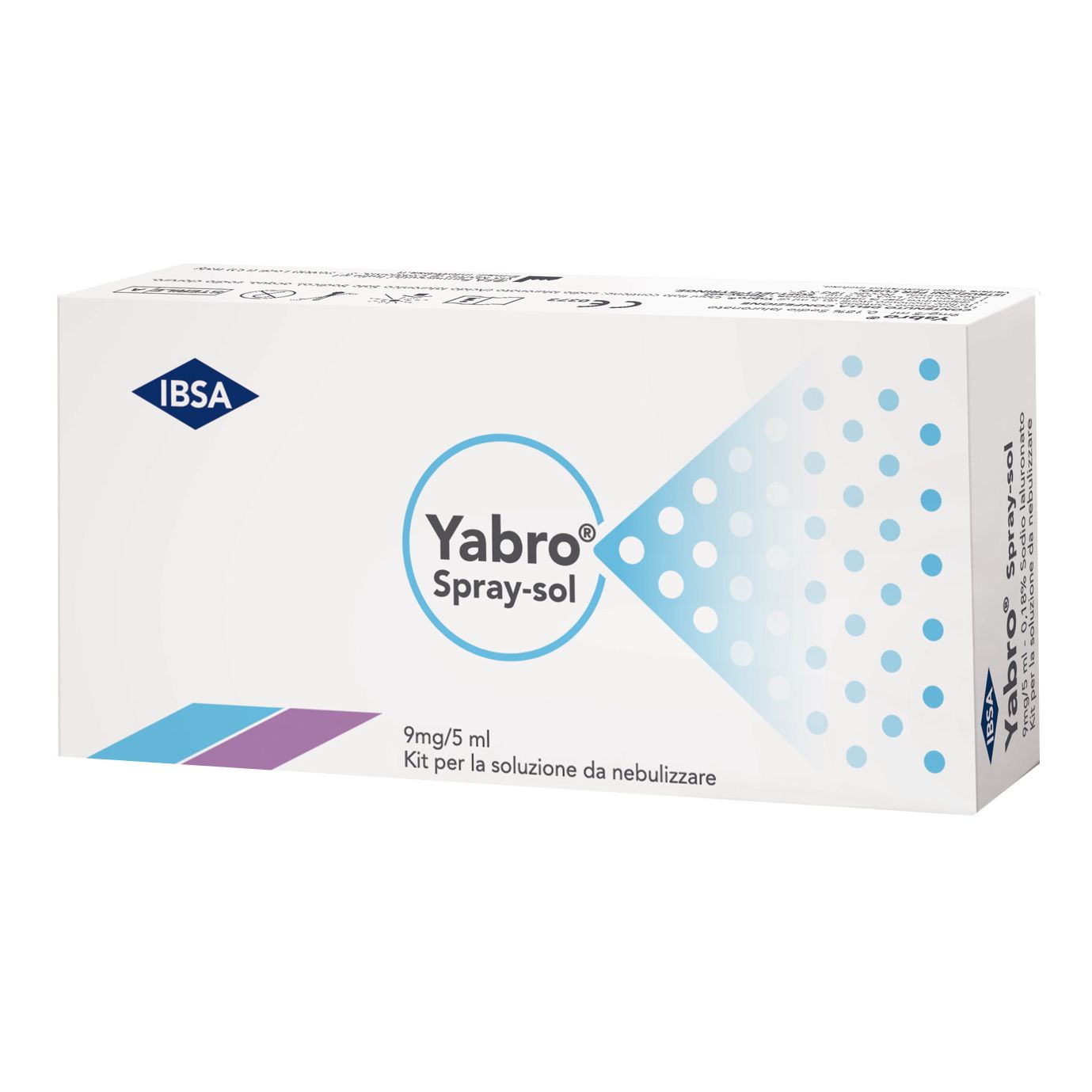 Confezione bianca con logo blu e nome prodotto Yabro Spray-sol. Testo: 9mg/5ml Kit per soluzione da nebulizzare.