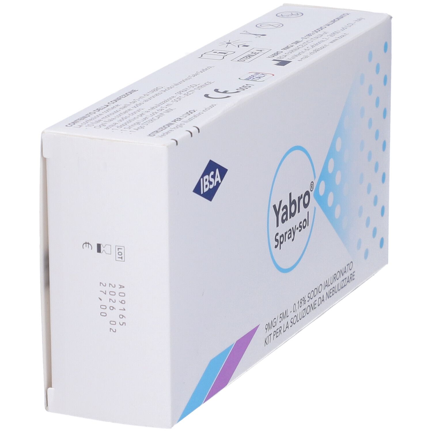 Confezione bianca inclinata con logo blu e nome prodotto Yabro Spray-sol. Testo: 9mg/5ml - 0,18% Ialuronato di sodio.