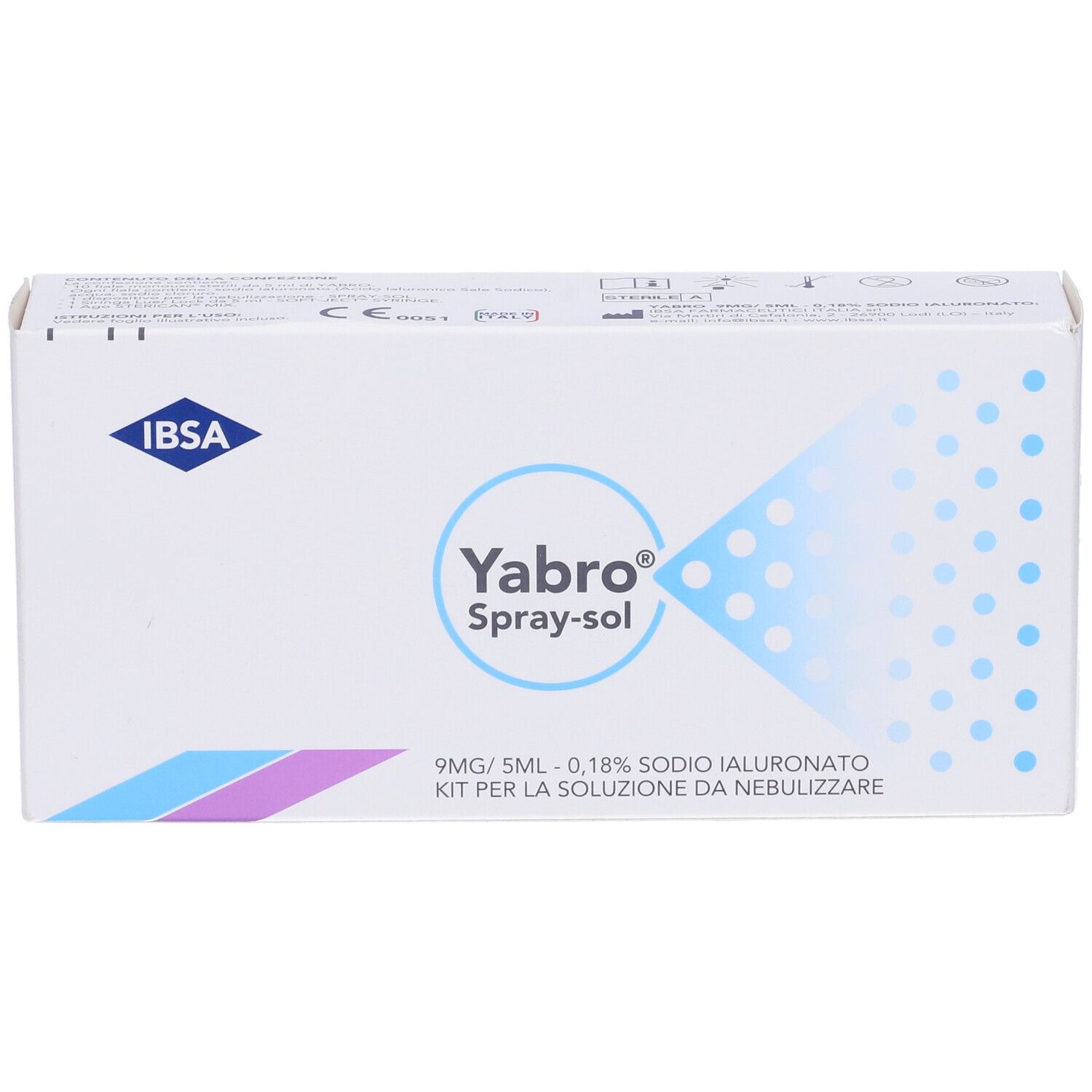 Confezione bianca con logo blu e nome prodotto Yabro Spray-sol. Testo: 9mg/5ml - 0,18% Ialuronato di sodio. Kit per nebulizzazione.