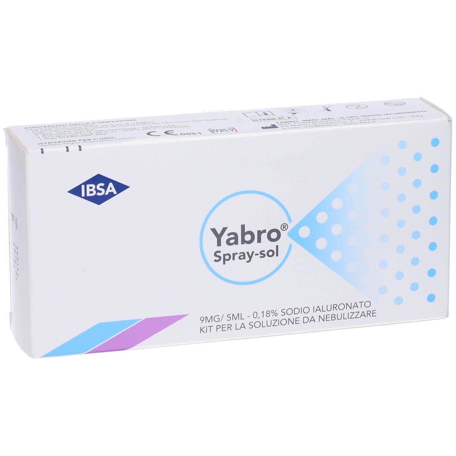 Confezione bianca con logo blu e nome prodotto Yabro Spray-sol. Testo: 9mg/5ml - 0,18% Ialuronato di sodio. Kit per nebulizzazione.