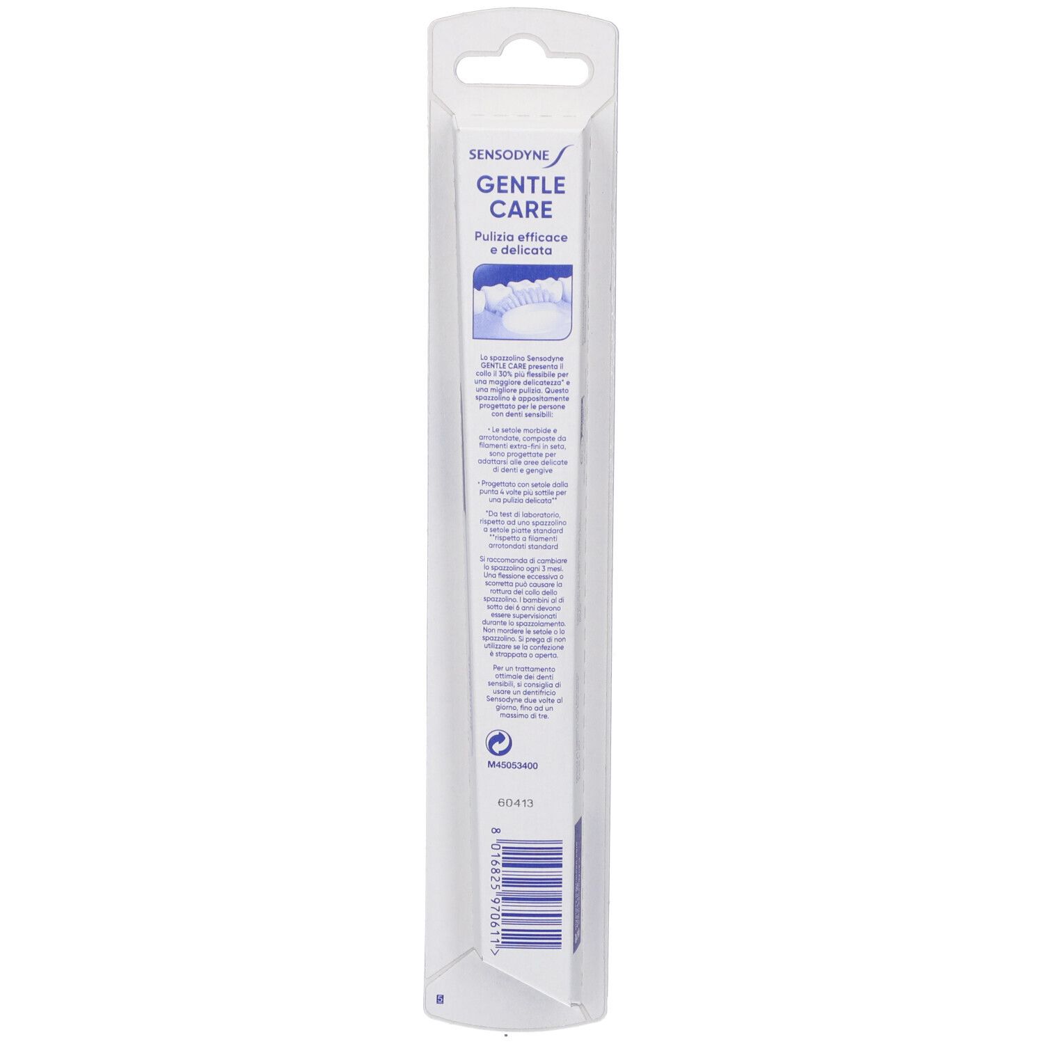 Sensodyne Gentle Care Zahnbürste in transparenter Verpackung mit Produktinformationen.