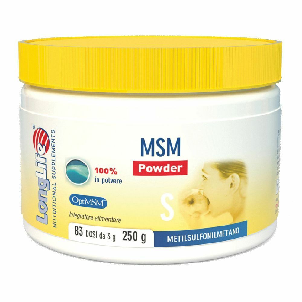 Polvere bianca in barattolo giallo. Scritta: MSM Powder, 250 g, OptiMSM, LongLife. Illustrazione di donna e bambino.